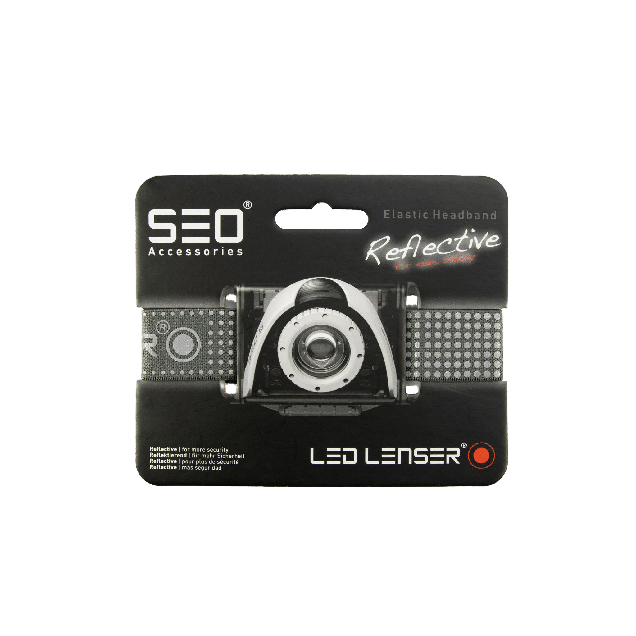Ledlenser Reflective Headband packaging elastic headband accessory for SEO MH2 MH6 headlamps shown with branding and strap details