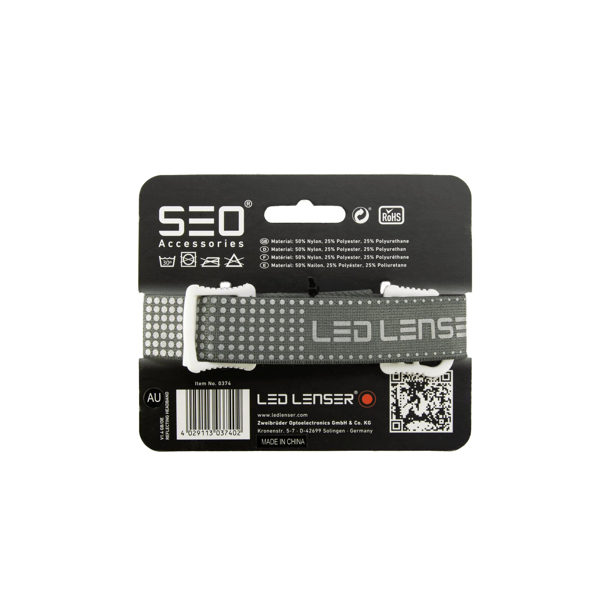 Reflective Headband packaging by Ledlenser showing a grey adjustable strap with Ledlenser branding compatible with MH2 and MH6 headlamps