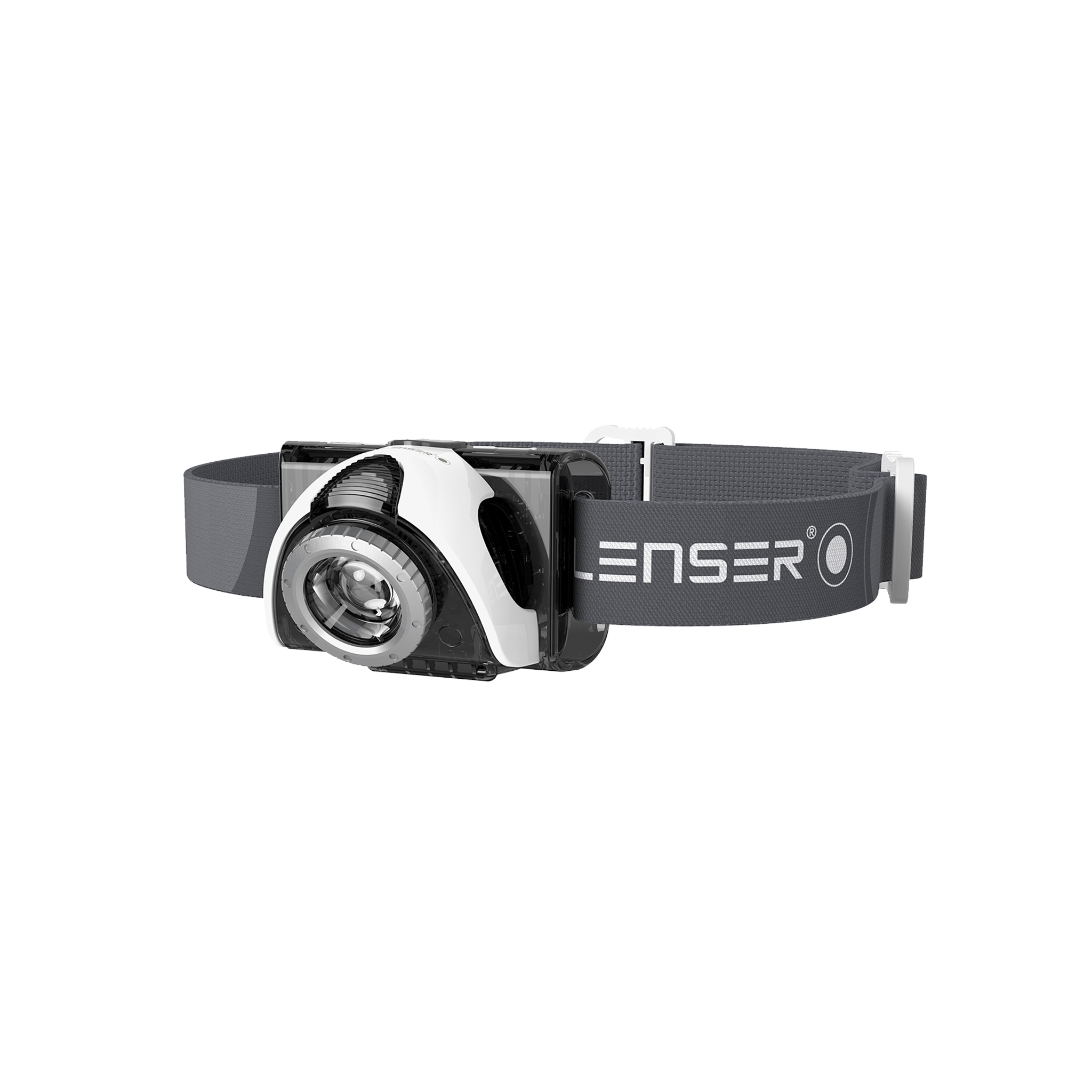 Ledlenser SEO5 Headlamp on adjustable grey strap front left angled view showing compact headlamp with branding