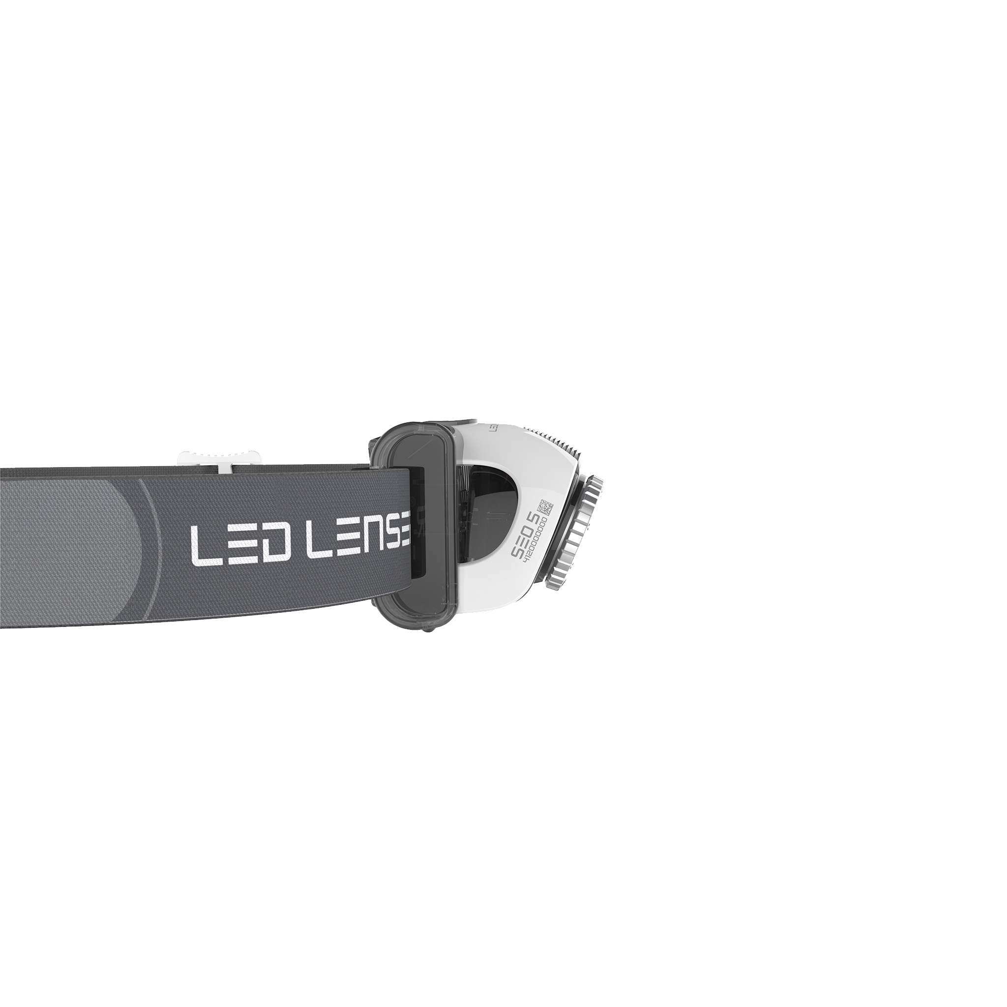 Ledlenser SEO5 Headlamp in silver with dark grey strap shown in side view highlighting the unit’s compact headlamp design