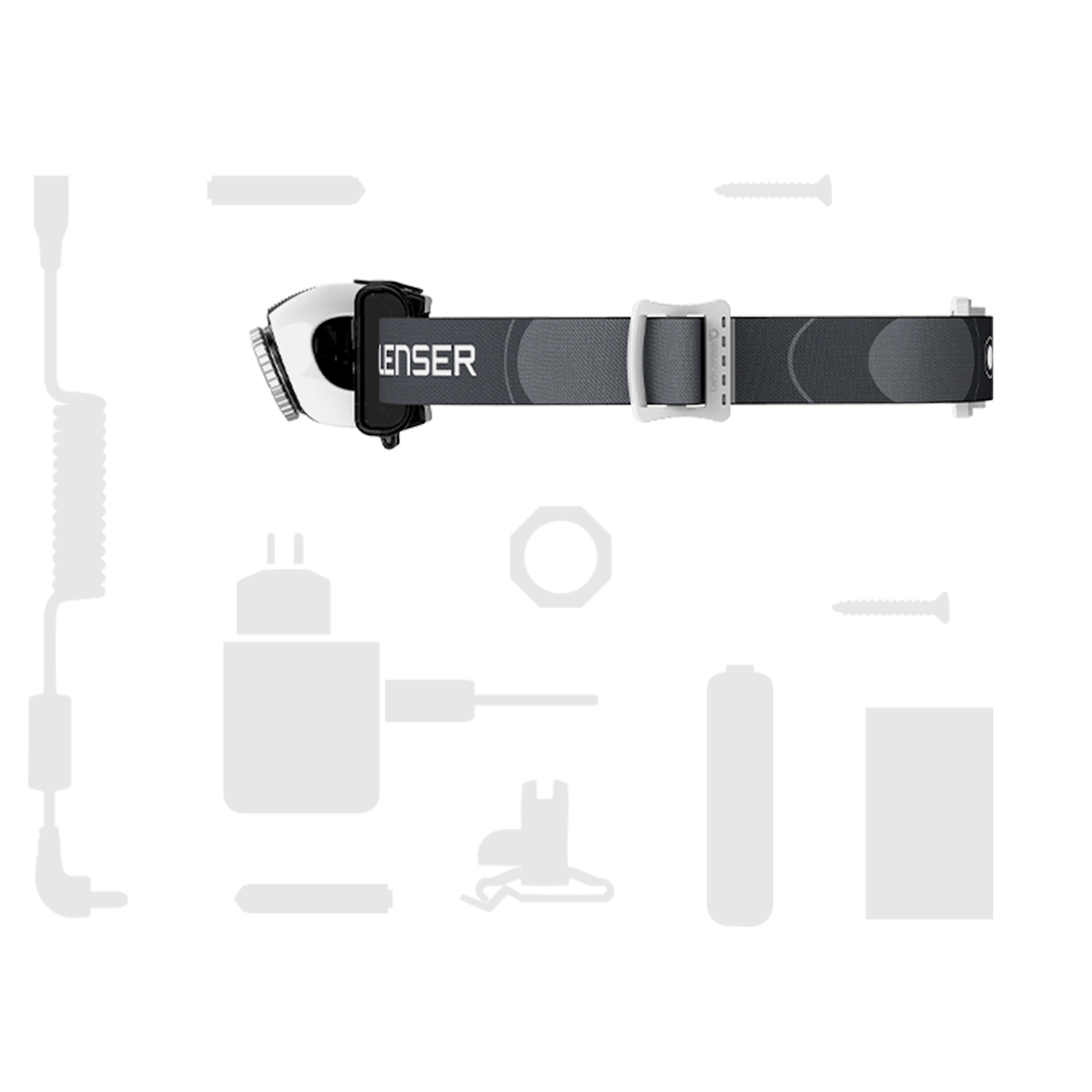 SEO5 Headlamp with adjustable strap and low profile housing shown from the side on a grey headband