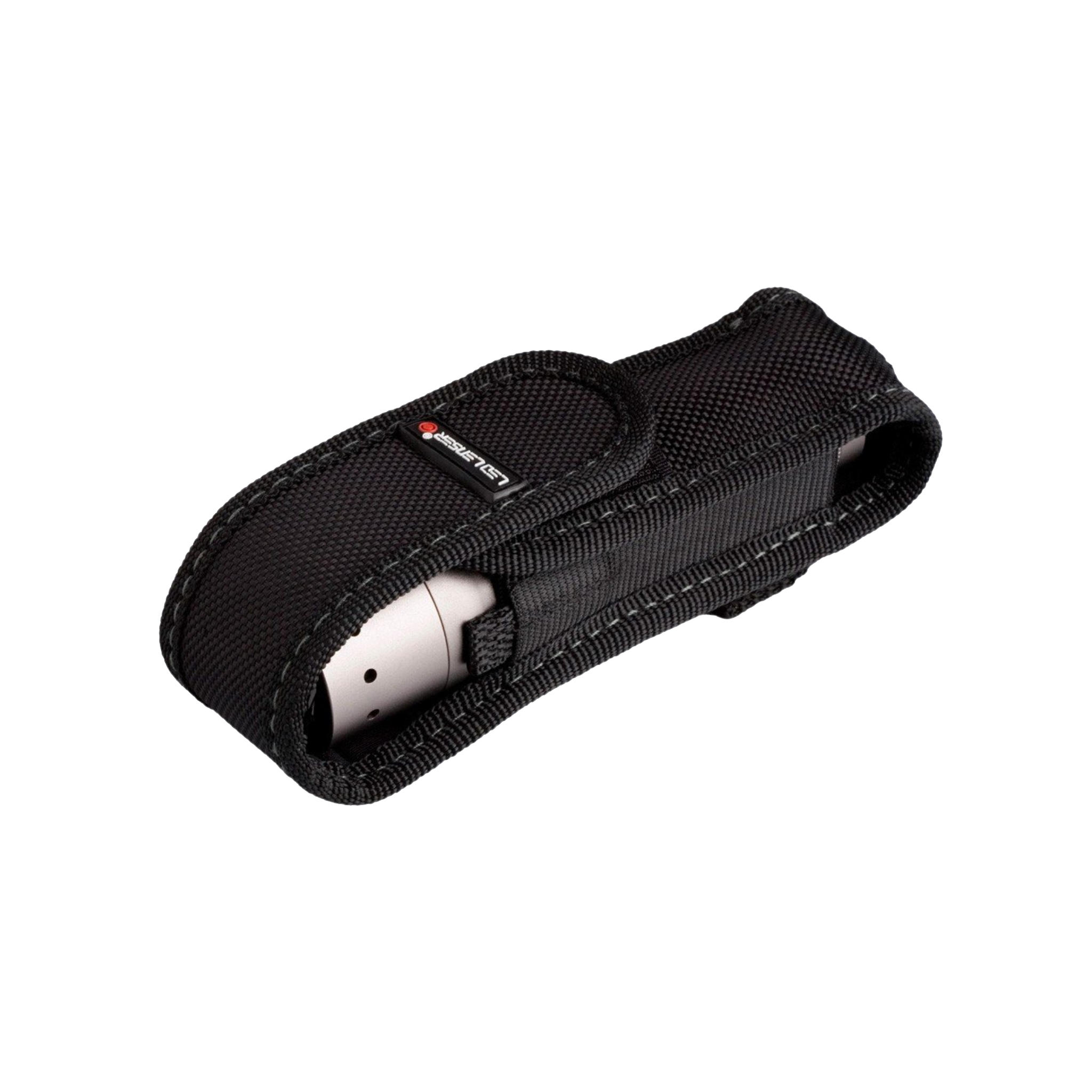 Ledlenser Hard Sheath Torch Pouch in black nylon with belt loop and wraparound closure shown holding a compact torch inside