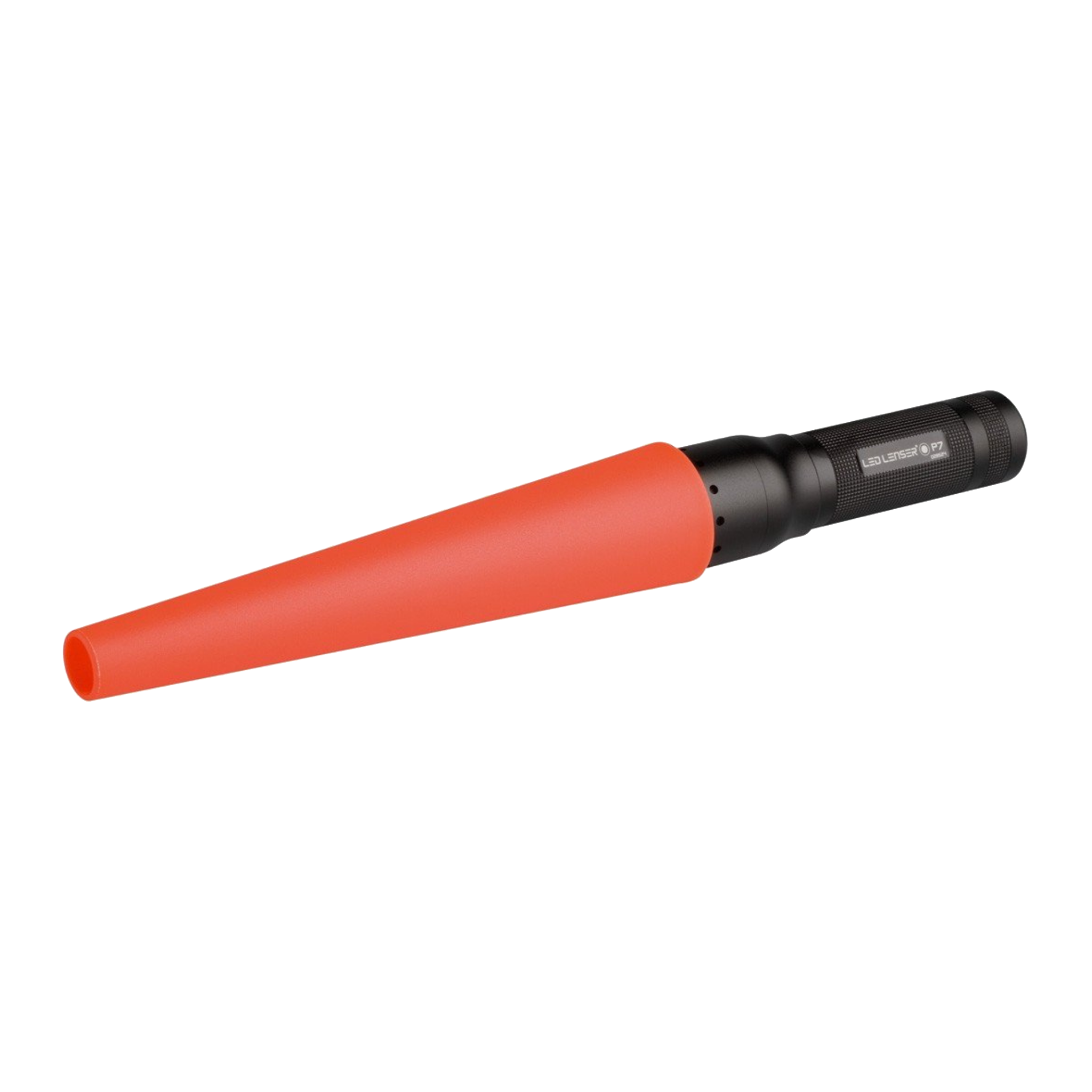 Ledlenser Signal Cone Red 4 Sizes red cone shaped torch accessory shown attached to a black Ledlenser torch head