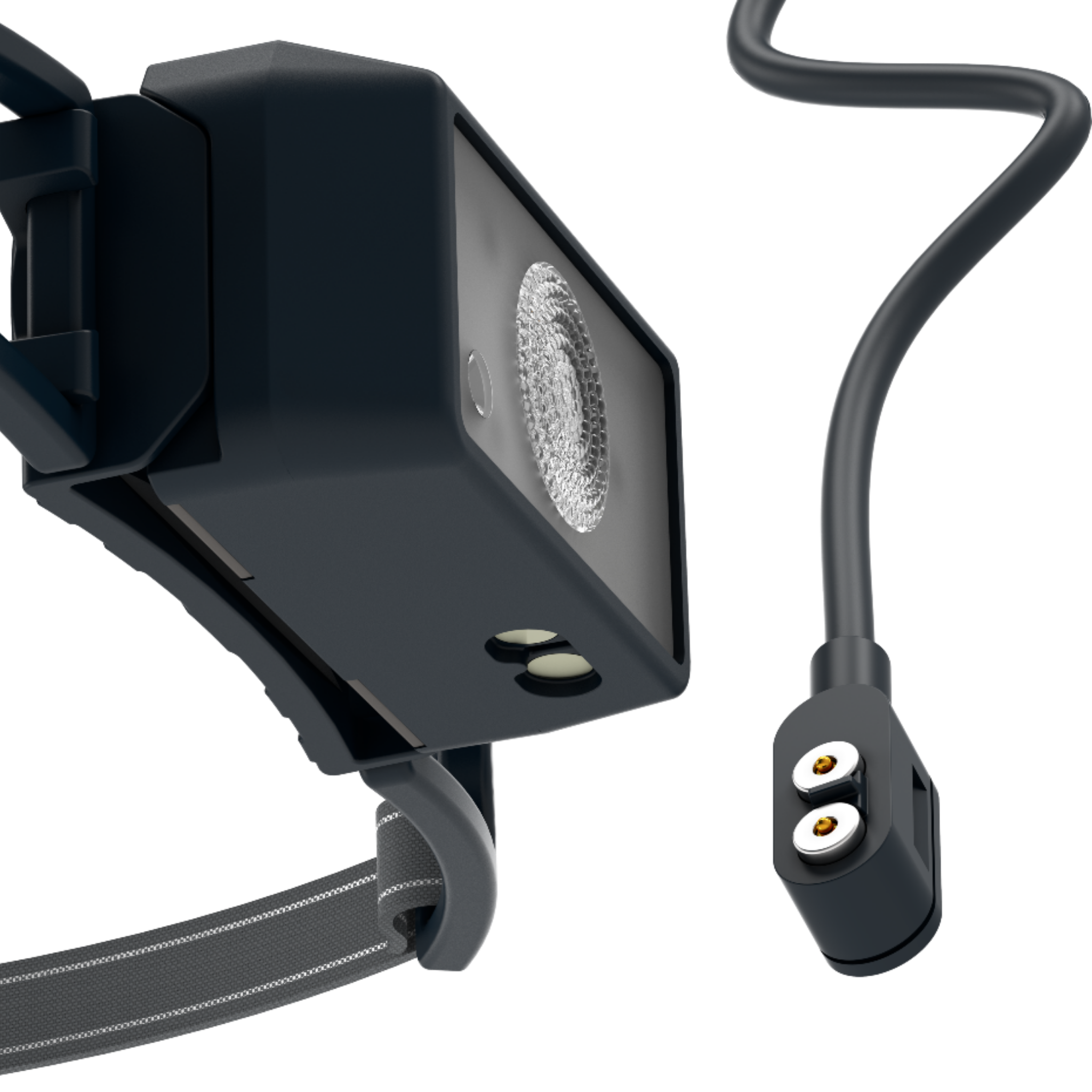 Ledlenser NEO1R Running Headlamp close up of dark grey headlamp module with adjustable strap and magnetic charging cable