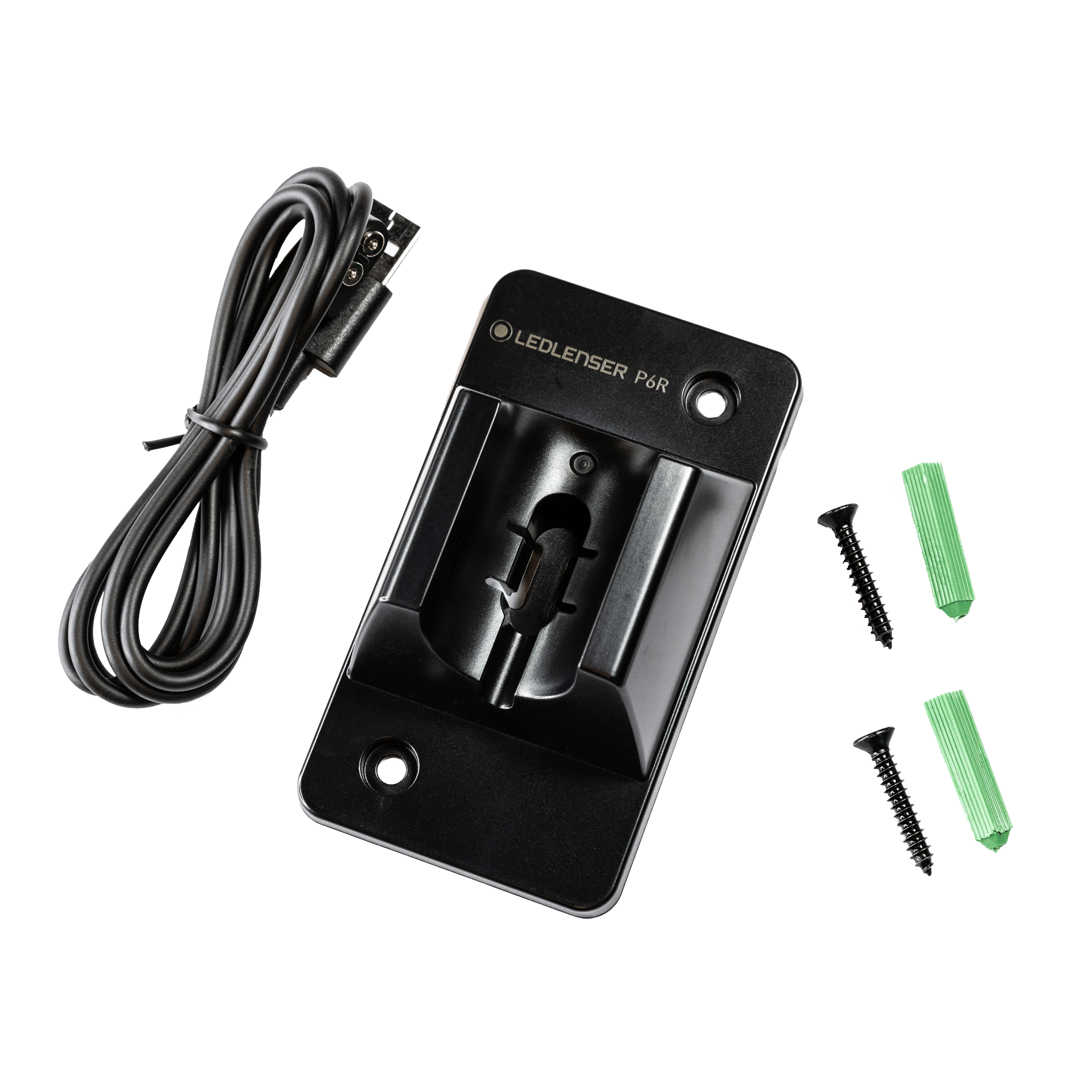 Ledlenser Wall Mount Type A for P6R Core P6R Signature P6R Work featuring a wall mount plate with integrated charging cradle long power cable screws and green wall anchors