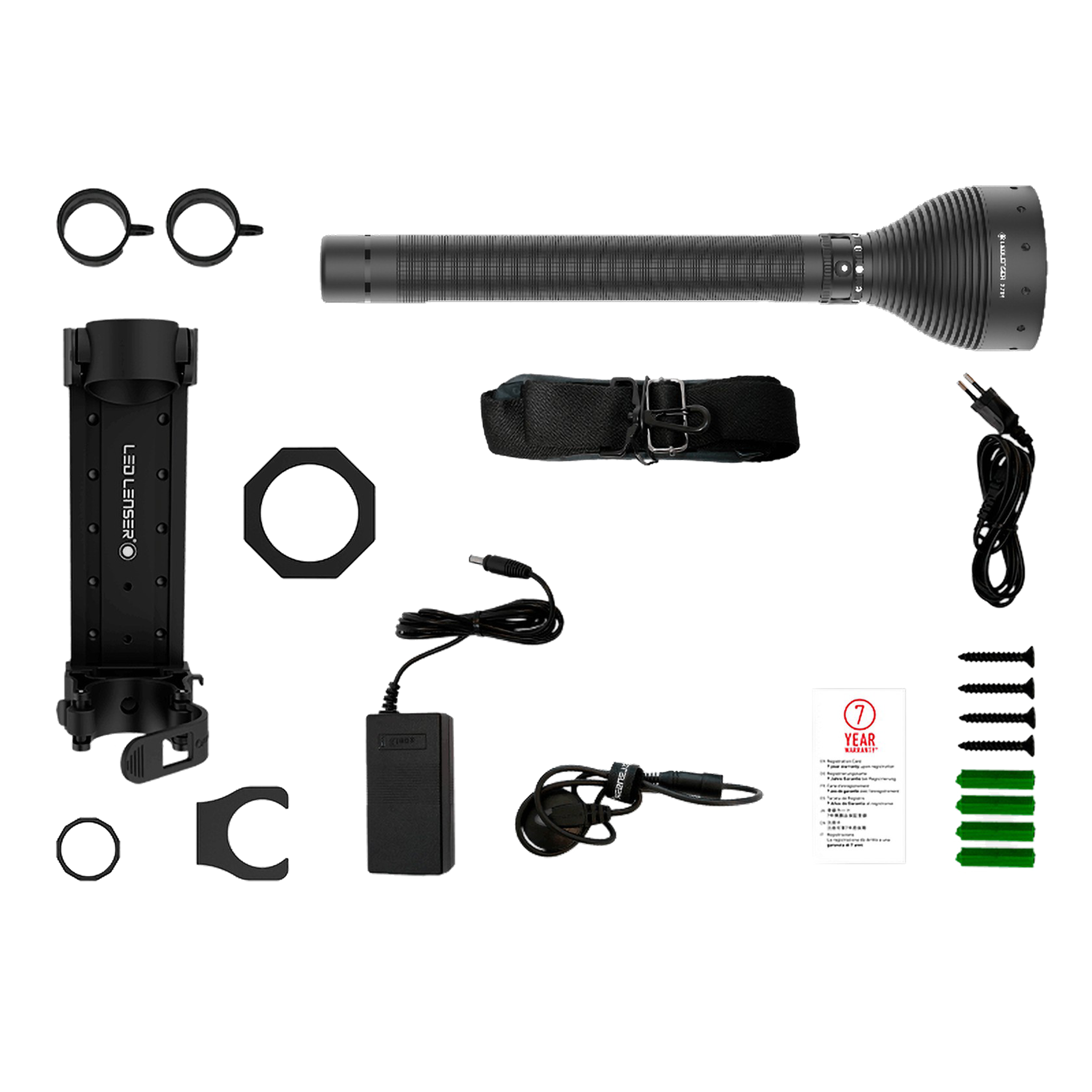 Ledlenser X21R Torch with accessory kit including mounting bracket rings belt strap power adapter cables and screws