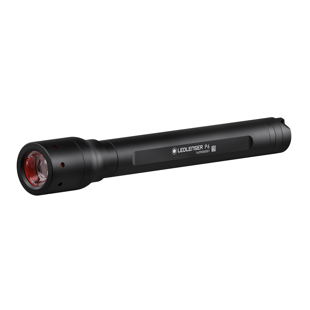 Ledlenser P6 Battery Operated Torch in black with a red lens at the head shown in side view