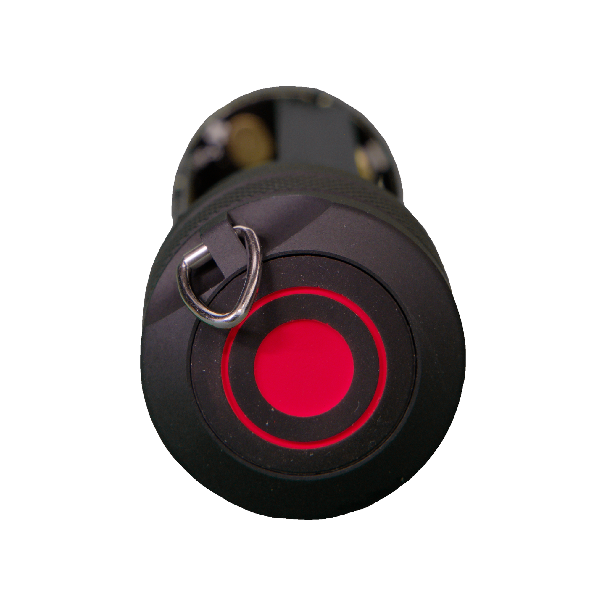 Battery Case Switch P7 P7 2 T7 (Old) close up of red circular switch with metal lanyard ring on black housing