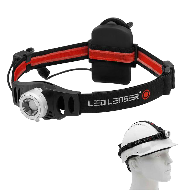 H6 Battery Operated Headlamp by Ledlenser with front light and silver bezel on black red head strap and battery pack