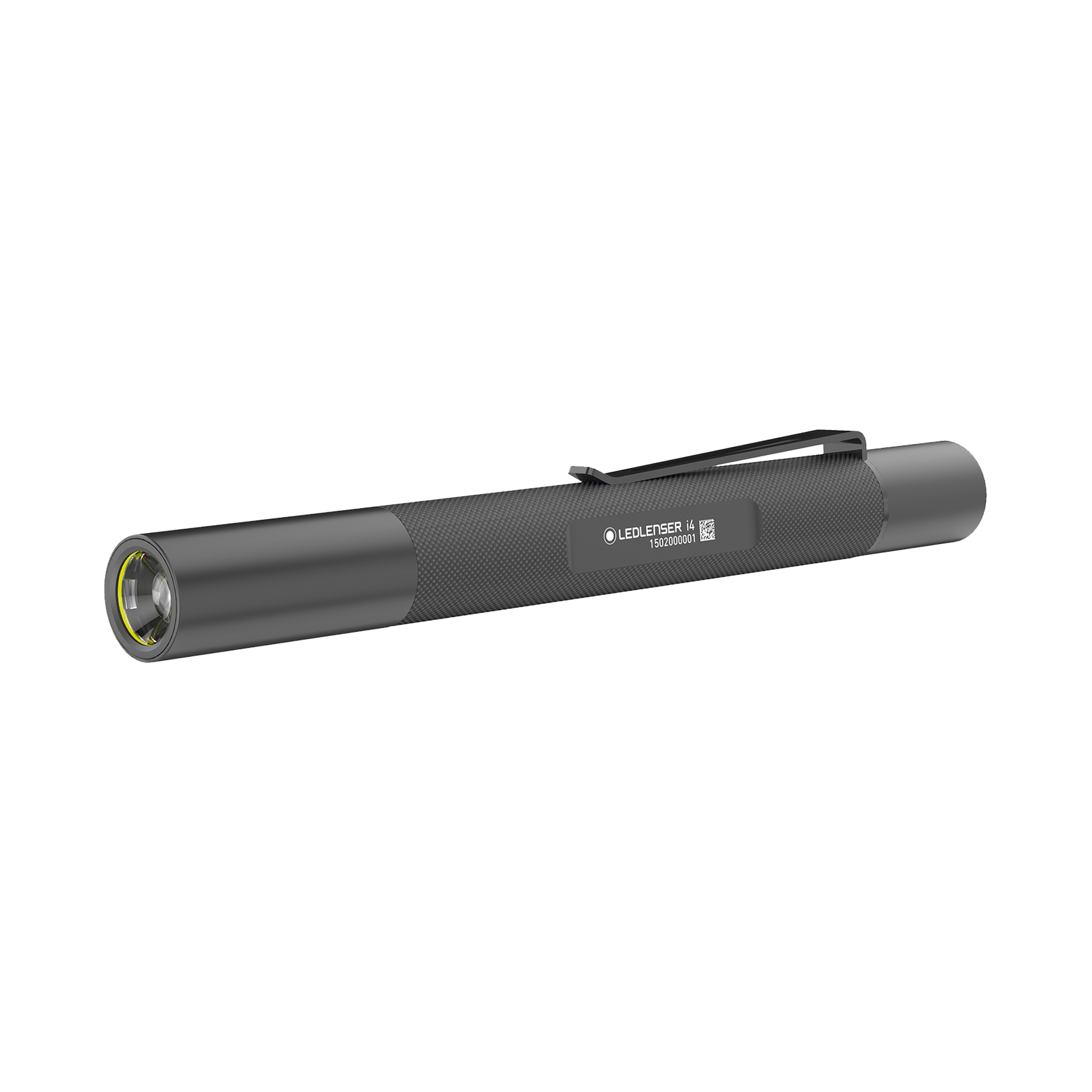 Ledlenser i4 torch in black with textured grip and pocket clip horizontal view showing the front head