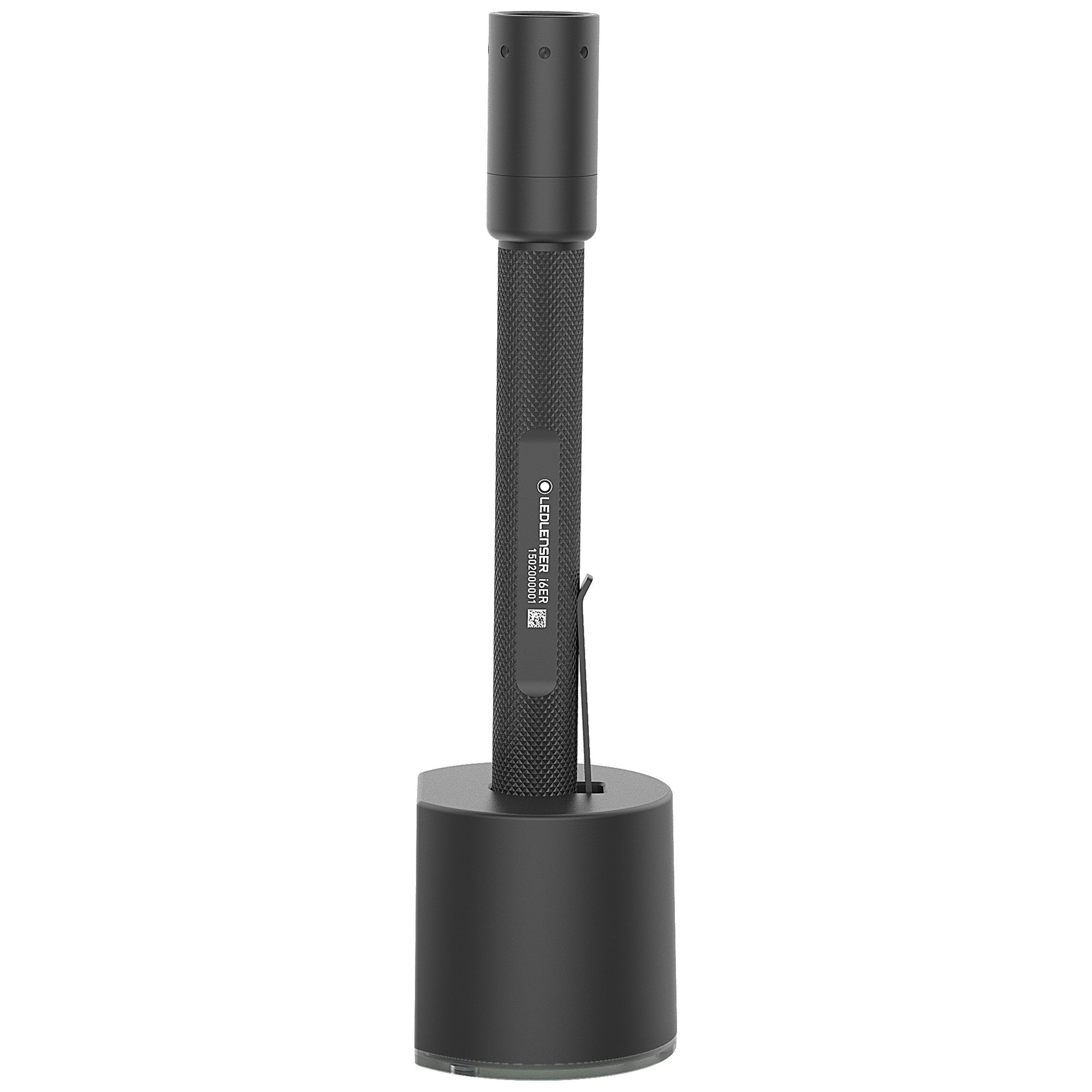 Ledlenser i6R Rechargeable Pen Light standing upright in charging dock black textured body with clip