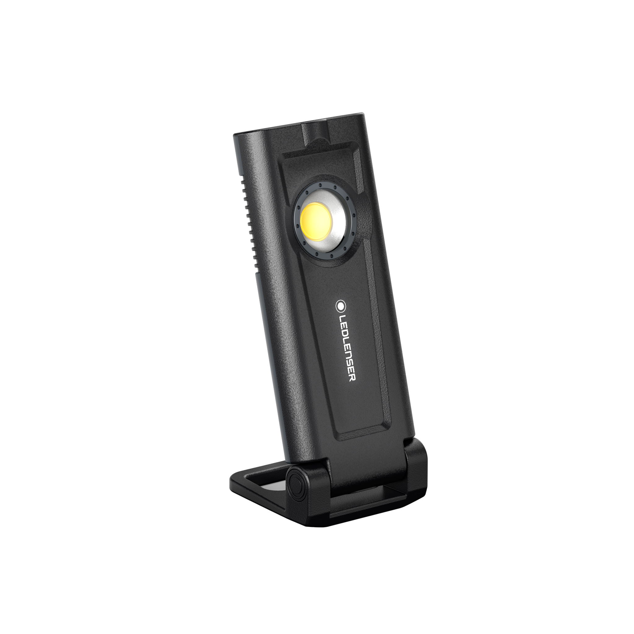 Ledlenser iF2R Spotlight compact rechargeable handheld floodlight on a black stand with integrated housing and lens