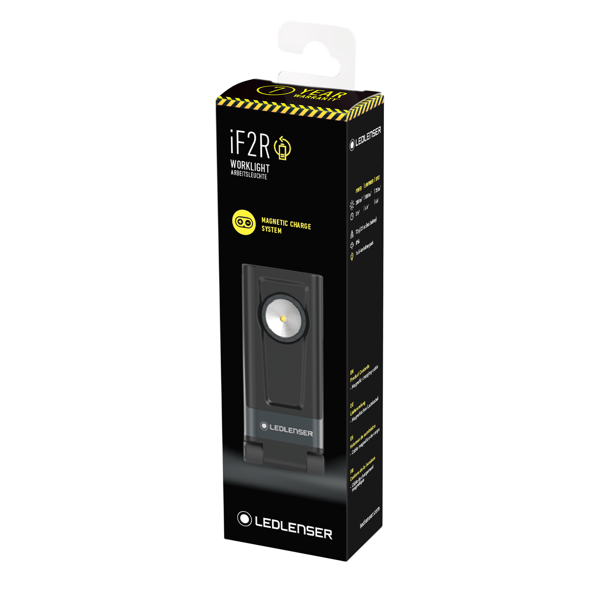 Ledlenser iF2R Spotlight packaging box featuring a compact work light and magnetic charge system on a black box with yellow warning accents