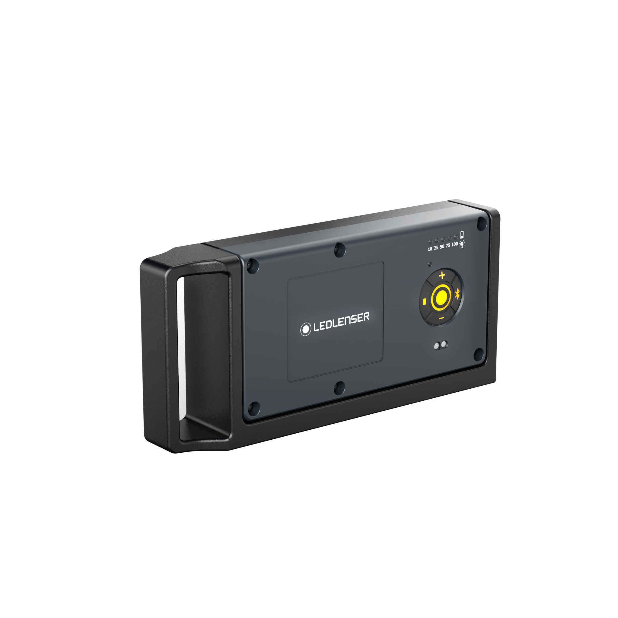 Ledlenser iF4R Music Spotlight wall mounted charging panel with yellow circular control ring and logo on dark grey surface