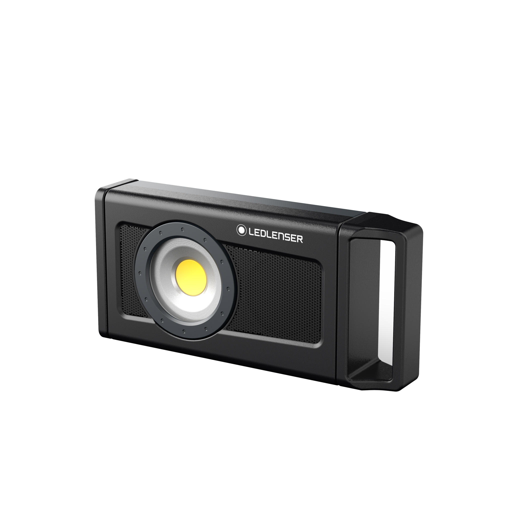 Ledlenser iF4R Music Spotlight black rectangular portable light with round LED module and integrated handle mounted on a metallic panel