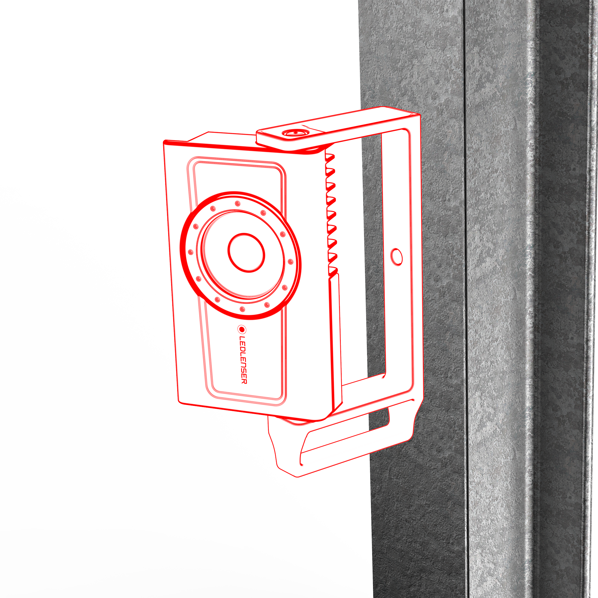 Ledlenser iF4R Spotlight mounted on a metal bracket against a textured wall in a red line drawing illustration