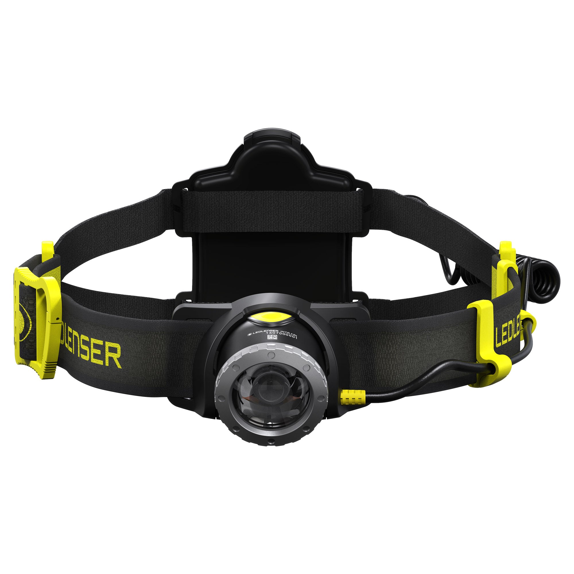 iH7R CRI Rechargeable Headlamp on black headband with yellow buckle accents; front circular LED lens and back battery pack visible