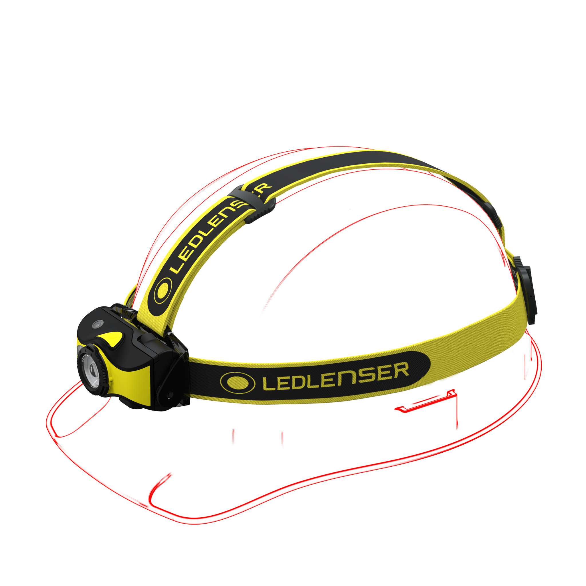 Ledlenser iH9R headlamp with yellow and black strap front mounted rechargeable light for hands free use
