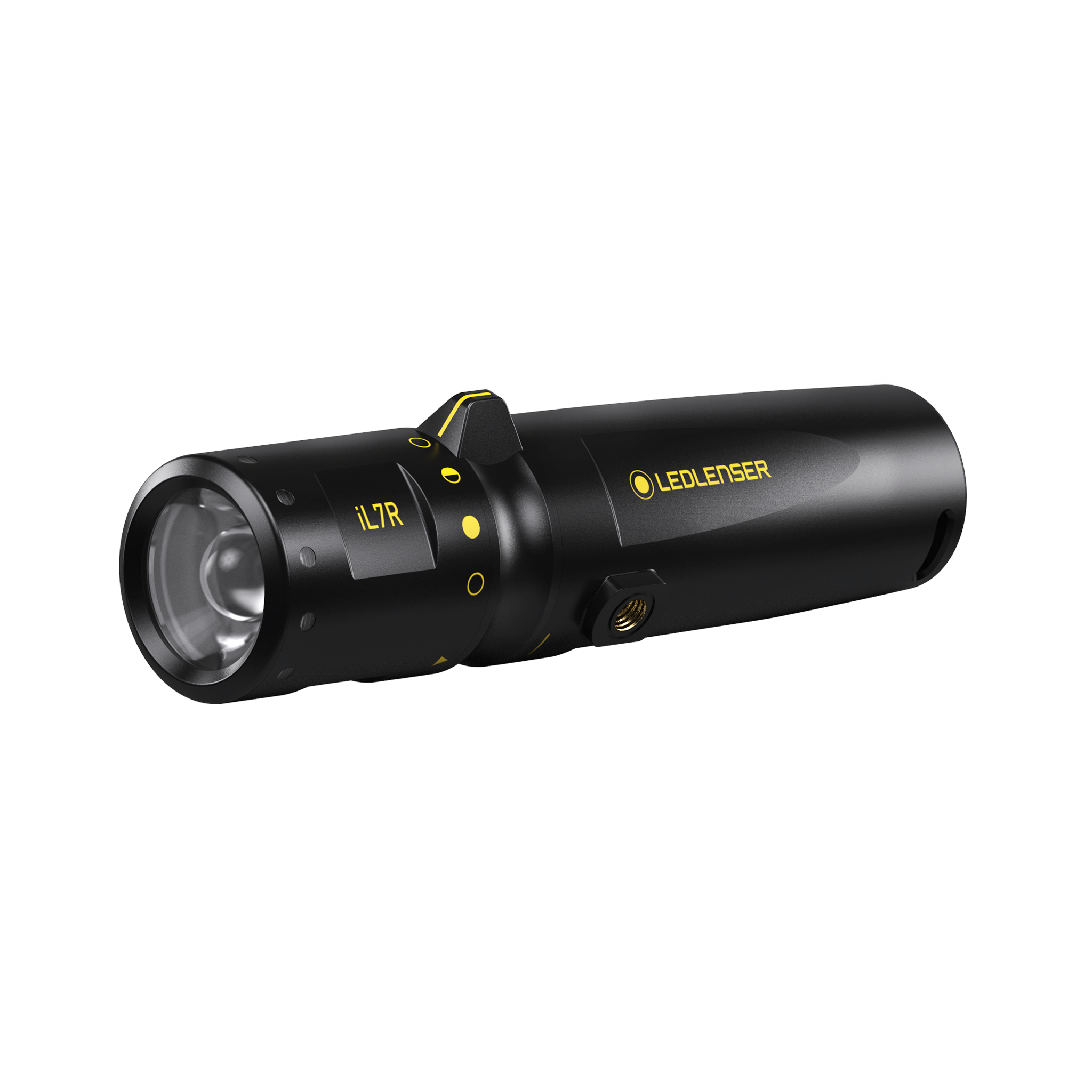 Ledlenser iL7R torch in black with yellow accents side view showing lens control dial and branding