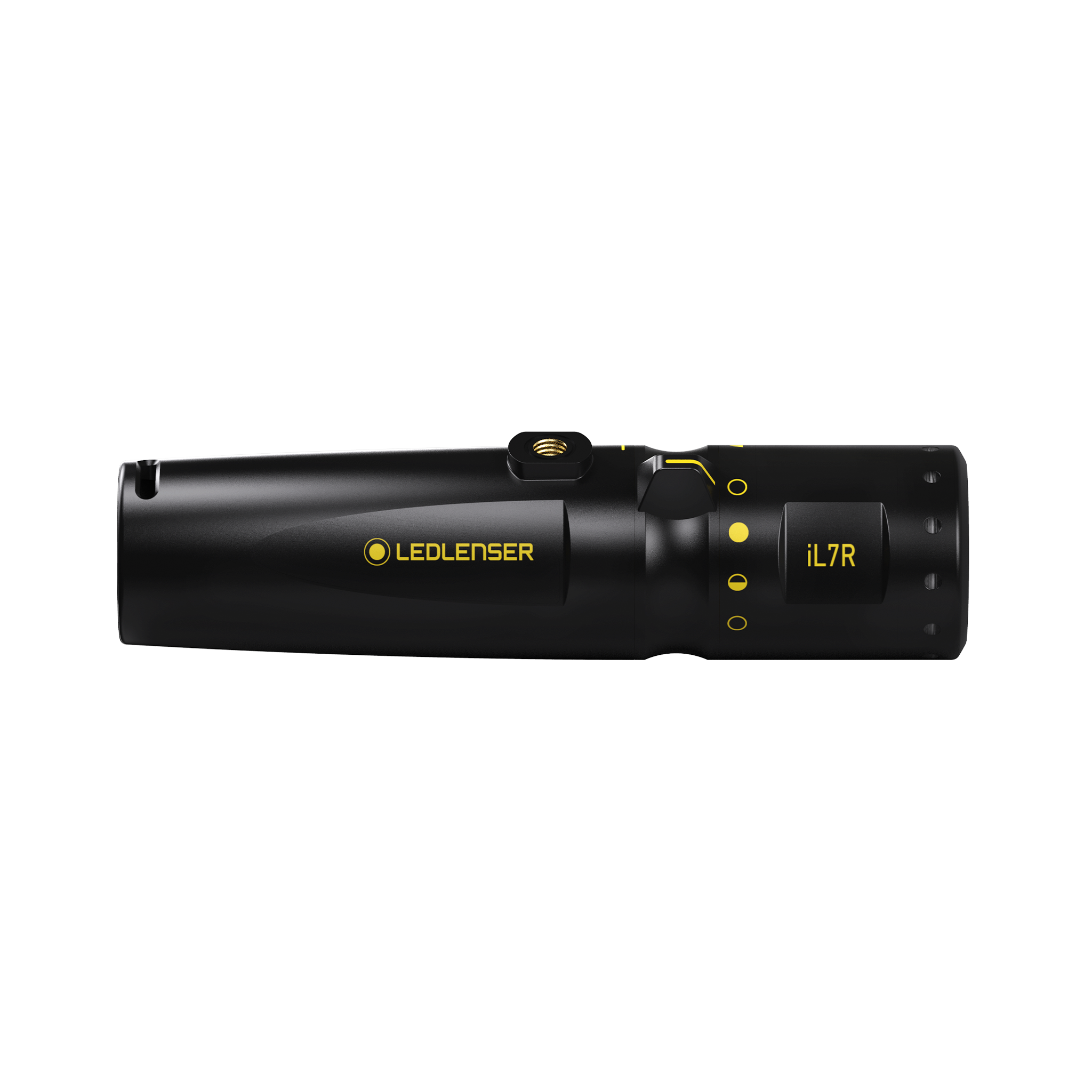 Ledlenser iL7R Torch shown in side profile with black body and yellow branding compact rechargeable handheld flashlight