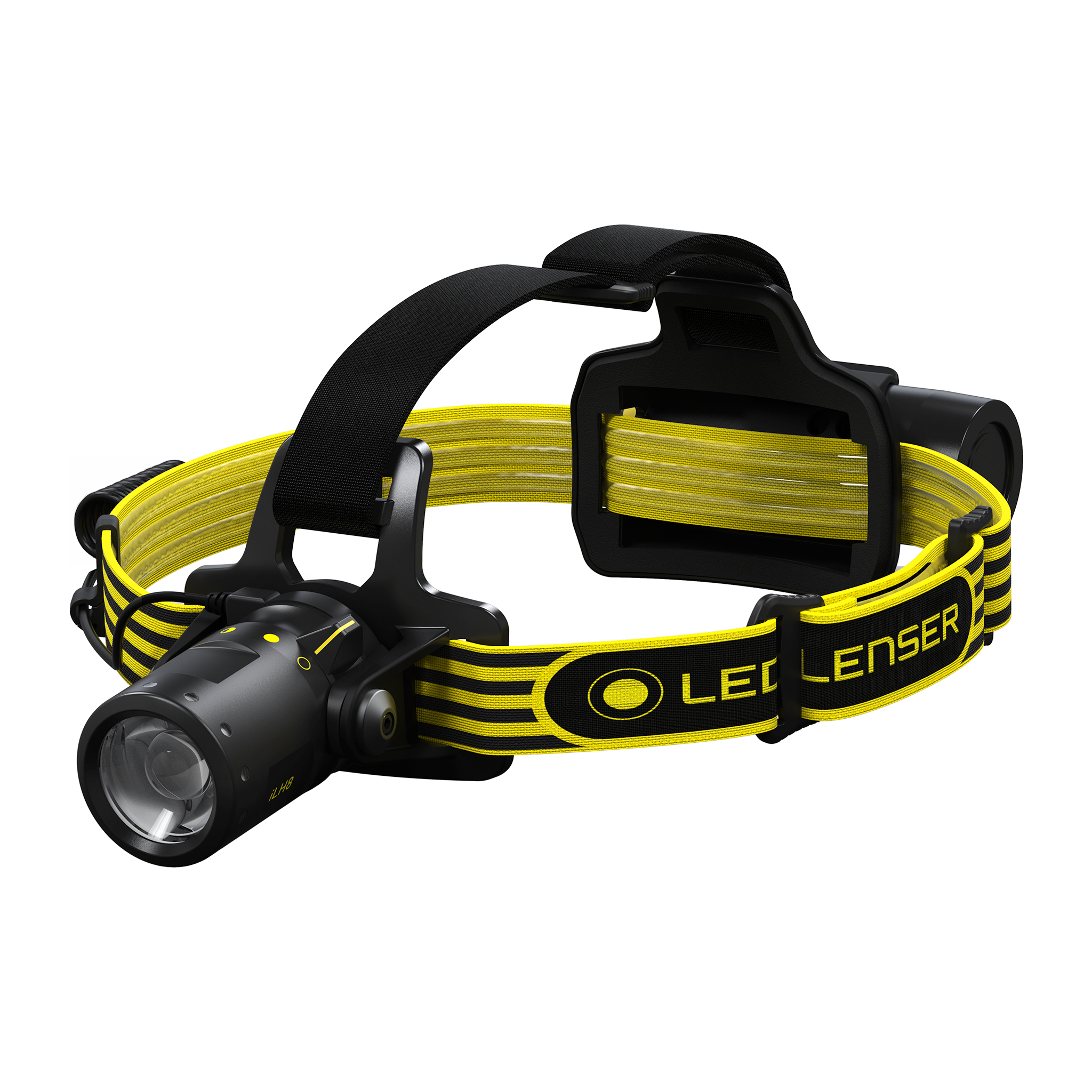 Ledlenser iLH8 Headlamp with black body and yellow striped headband front mounted light and adjustable strap