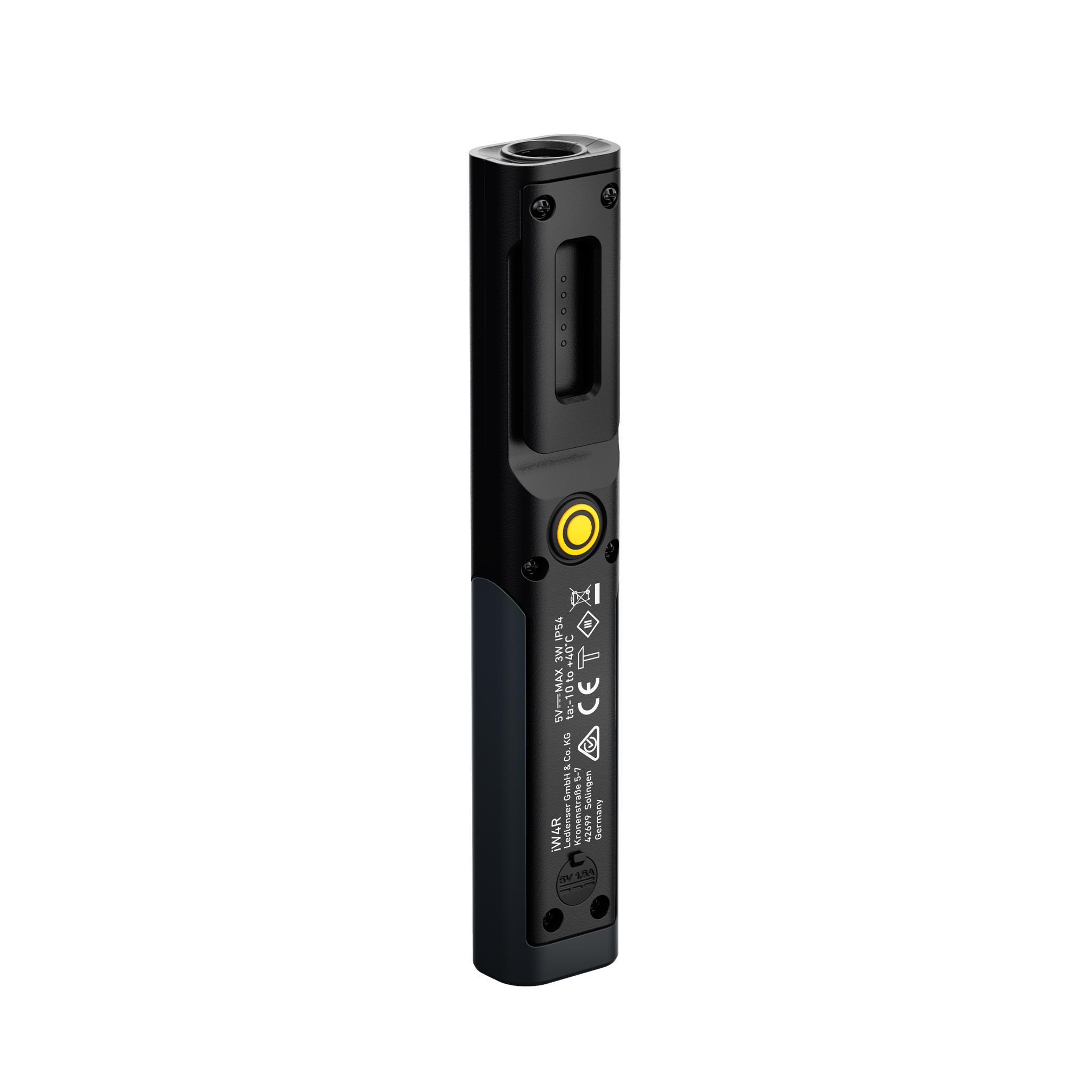 iW4R Work Light shown in vertical side view with a yellow power button on a black body and label area visible