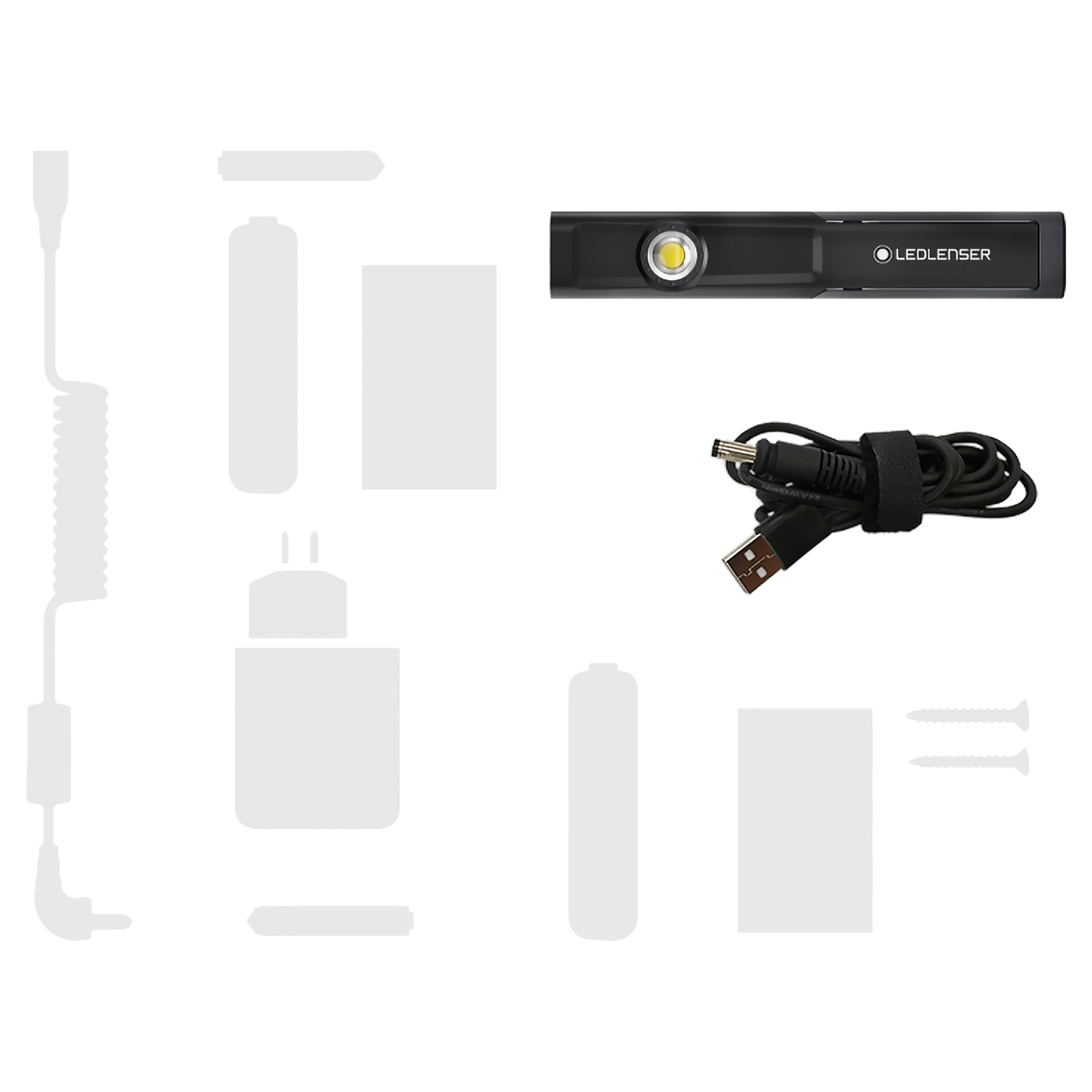 iW4R Work Light with USB charging cable and accessory silhouettes compact rechargeable work light designed for hands free use and versatile mounting