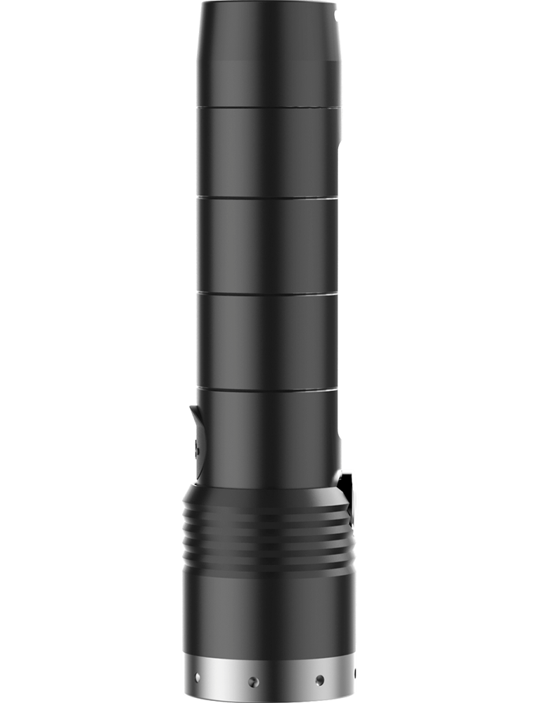 Ledlenser MT10 Torch black cylindrical flashlight with segmented body and side clip mounted on the lower section
