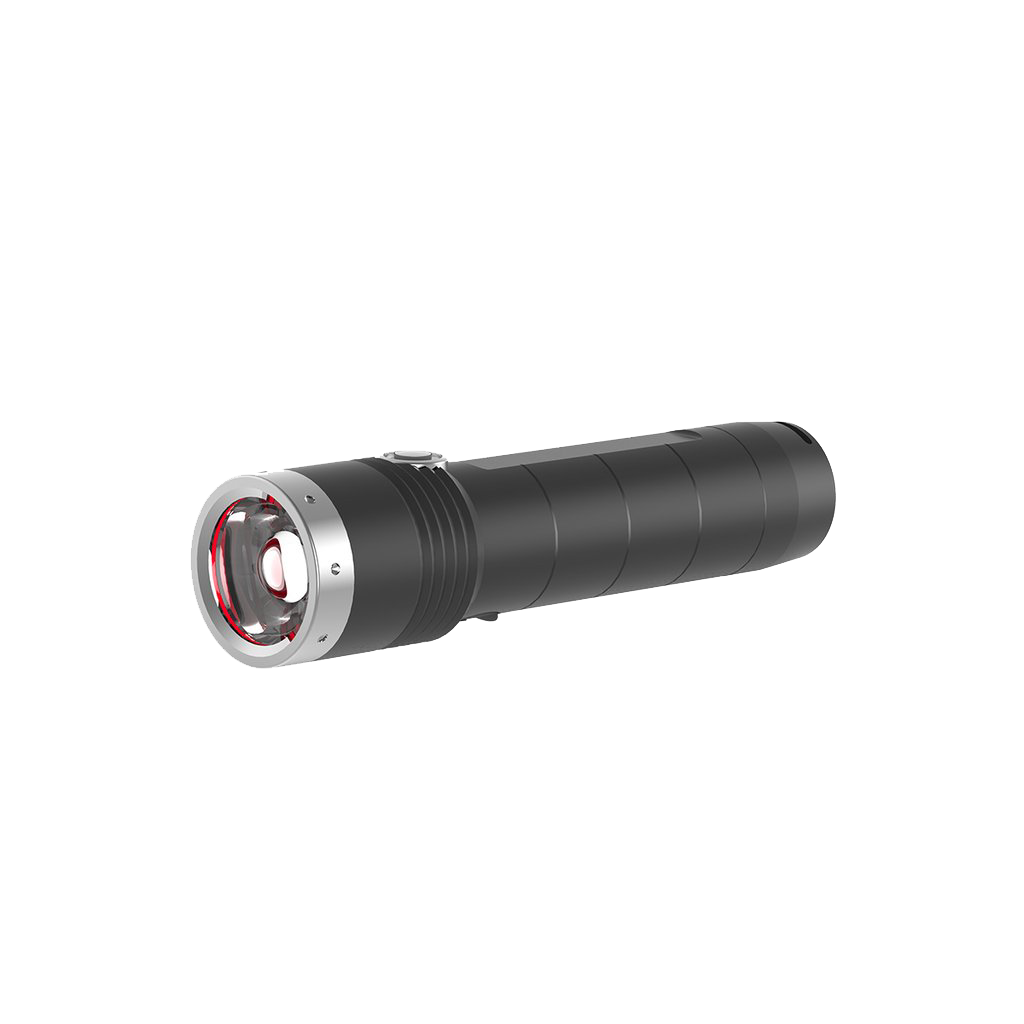 Ledlenser MT10 Torch lying horizontally with a black cylindrical body and silver bezel around the front lens