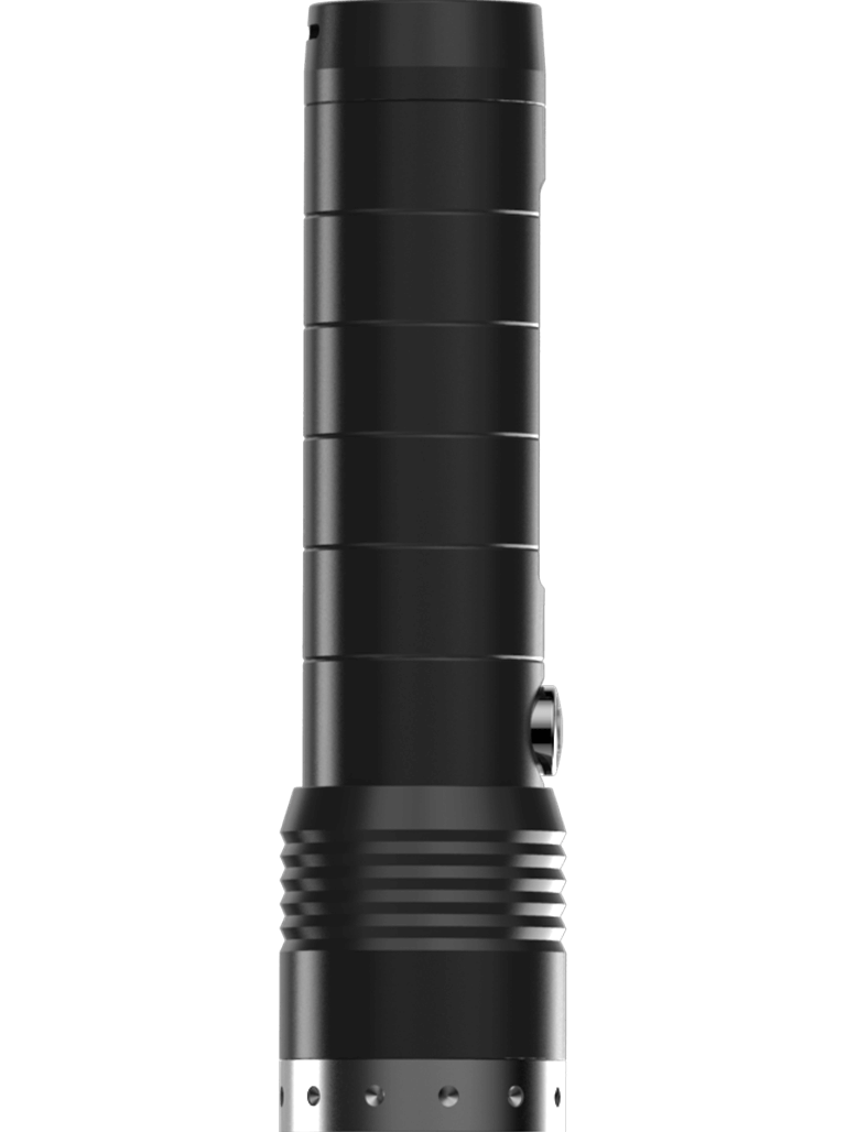 Ledlenser MT14 Torch shown upright with black cylindrical body ribbed grip near base and metallic silver tail ring