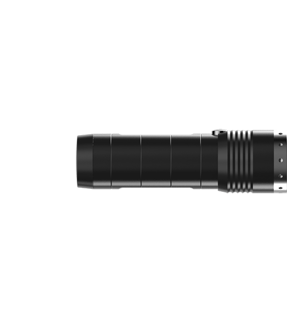 Ledlenser MT6 Battery Operated Torch side profile view black cylindrical body with grip grooves and battery end details