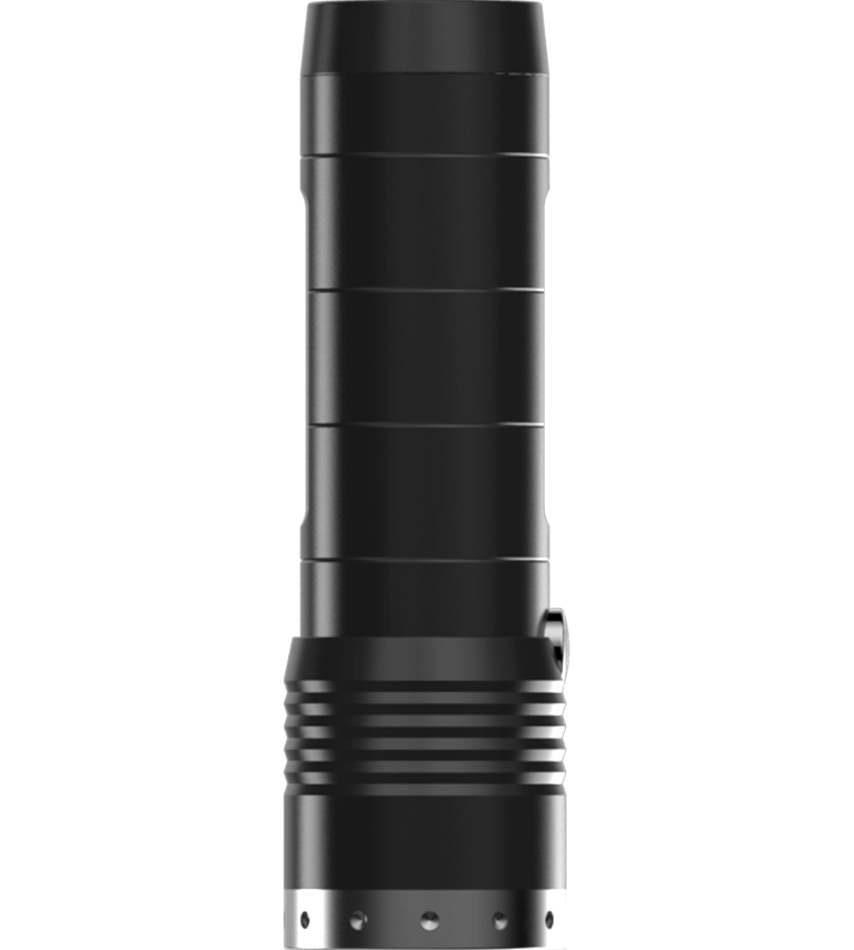 Ledlenser MT6 Battery Operated Torch black cylindrical flashlight with ribbed grip and metal tail cap shown upright