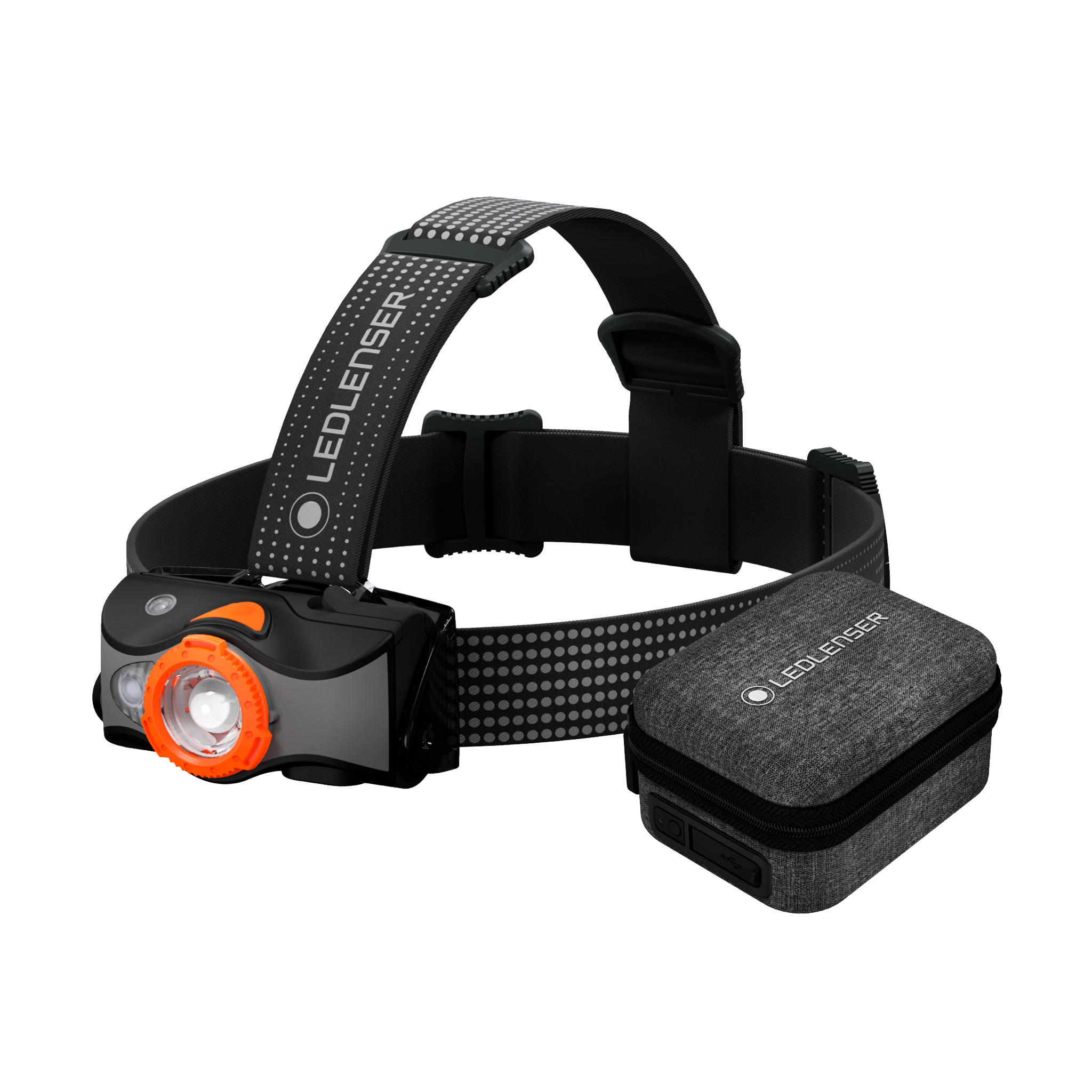 MH7 Powercase Combo headlamp with orange bezel and charging case mounted on adjustable head strap