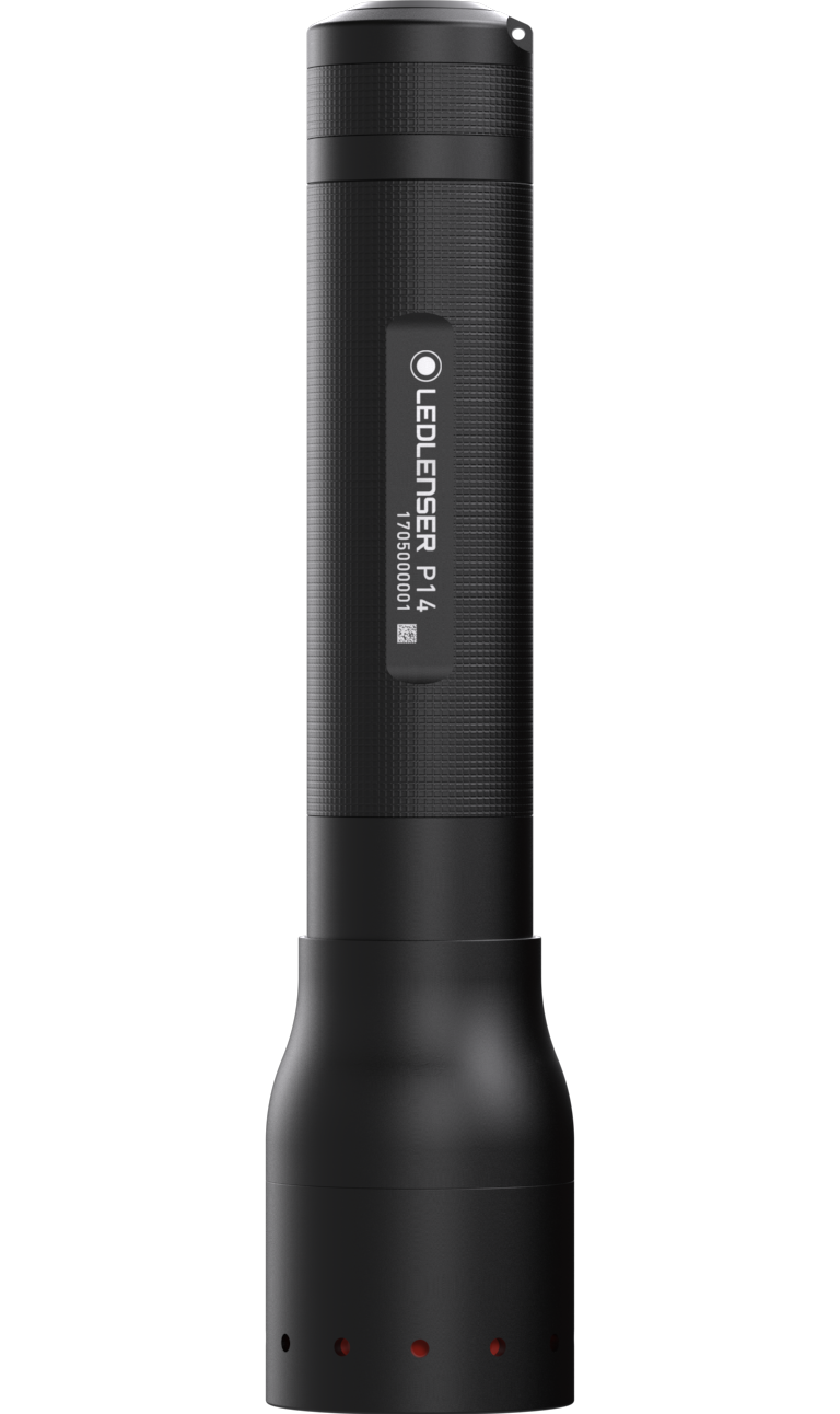 Ledlenser P14 torch shown upright with textured black body and a side label reading Ledlenser P14