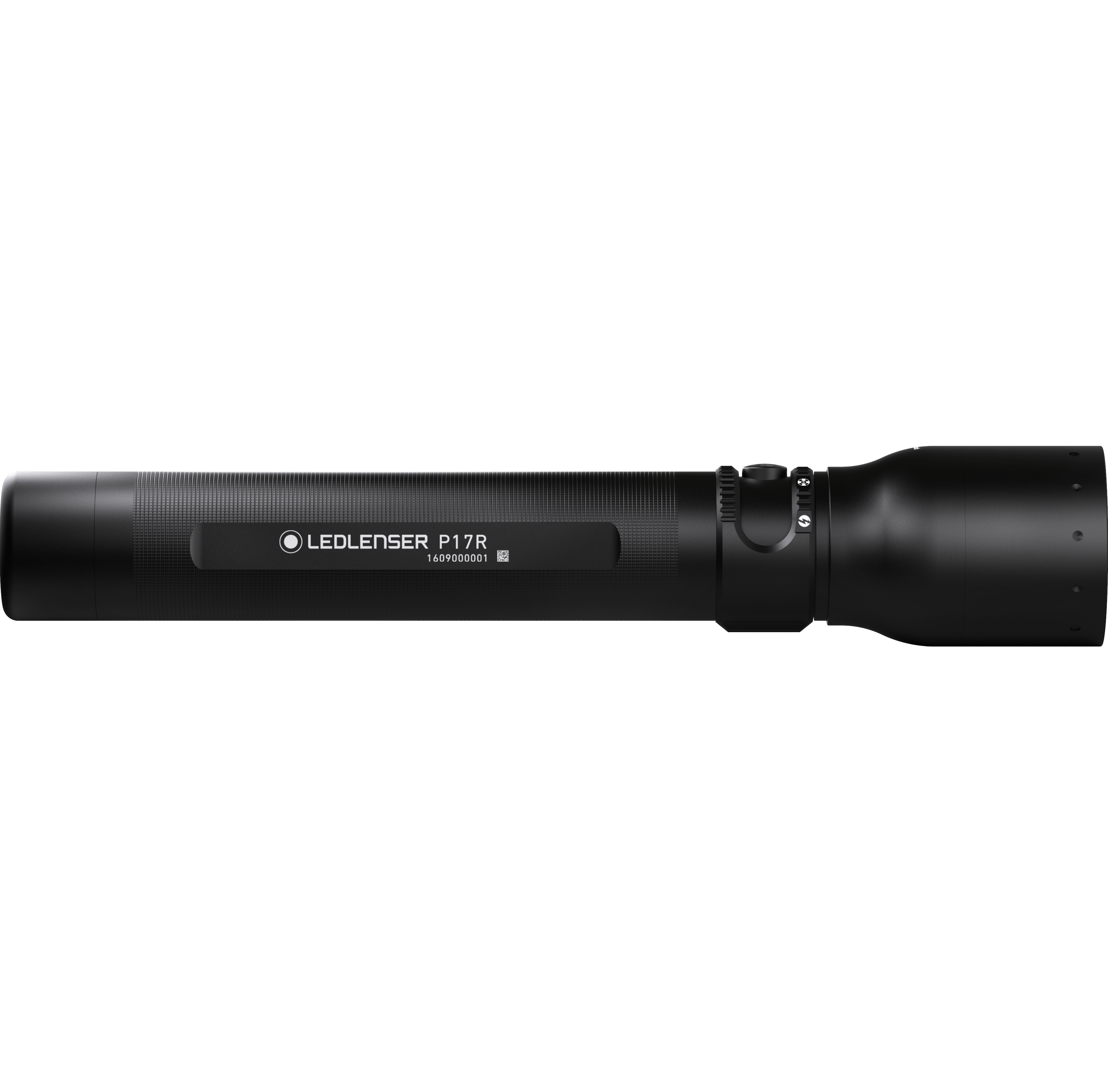 Ledlenser P17R Rechargeable Torch in black side profile view showing textured grip and control switch on the body