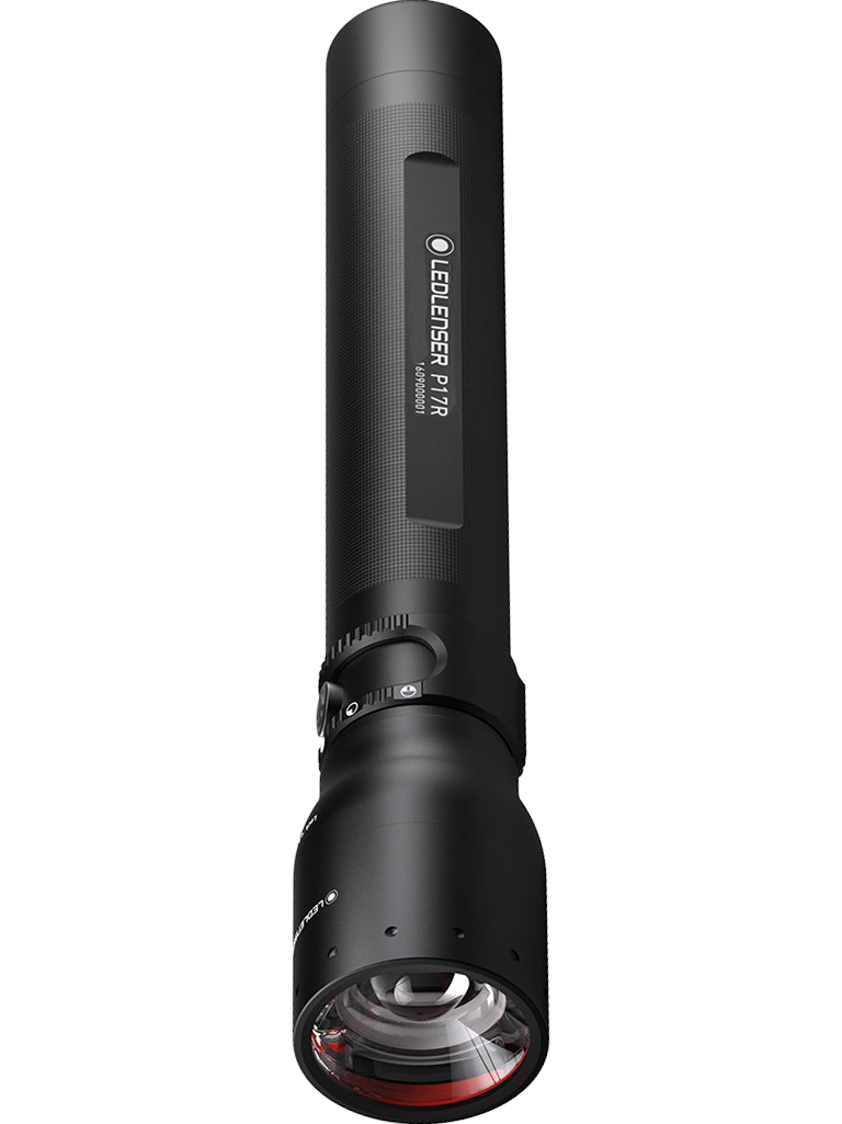 Ledlenser P17R rechargeable torch shown vertically with a black textured body and visible front lens at the bottom