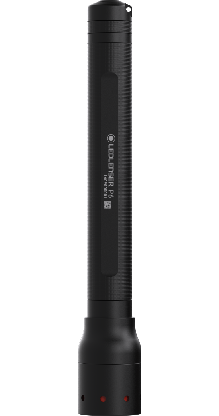 Ledlenser P6 Battery Operated Torch in black cylindrical handheld flashlight with textured grip and base switch shown upright