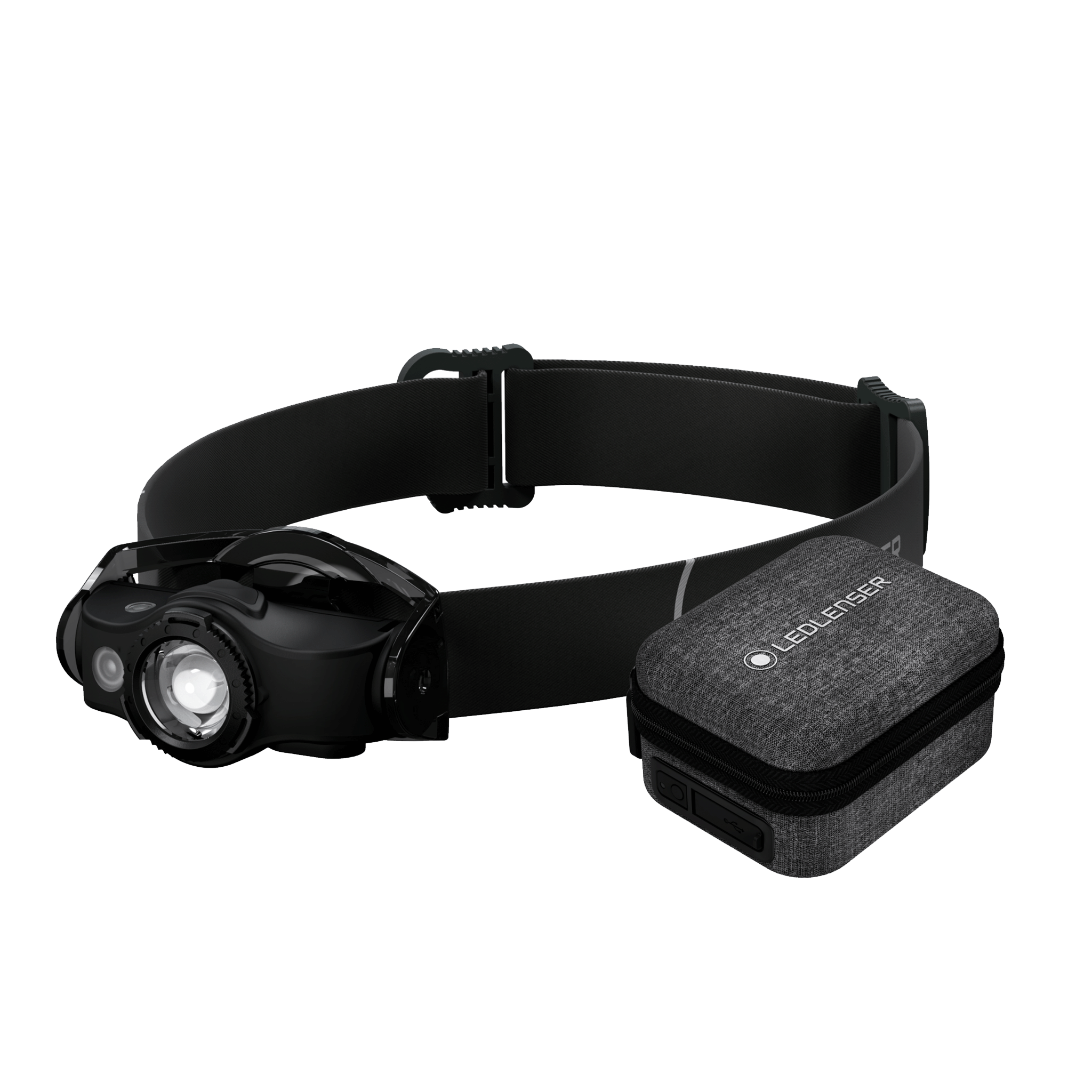 Ledlenser MH4 Powercase Combo headlamp with adjustable black strap and grey fabric charging case shown in side view