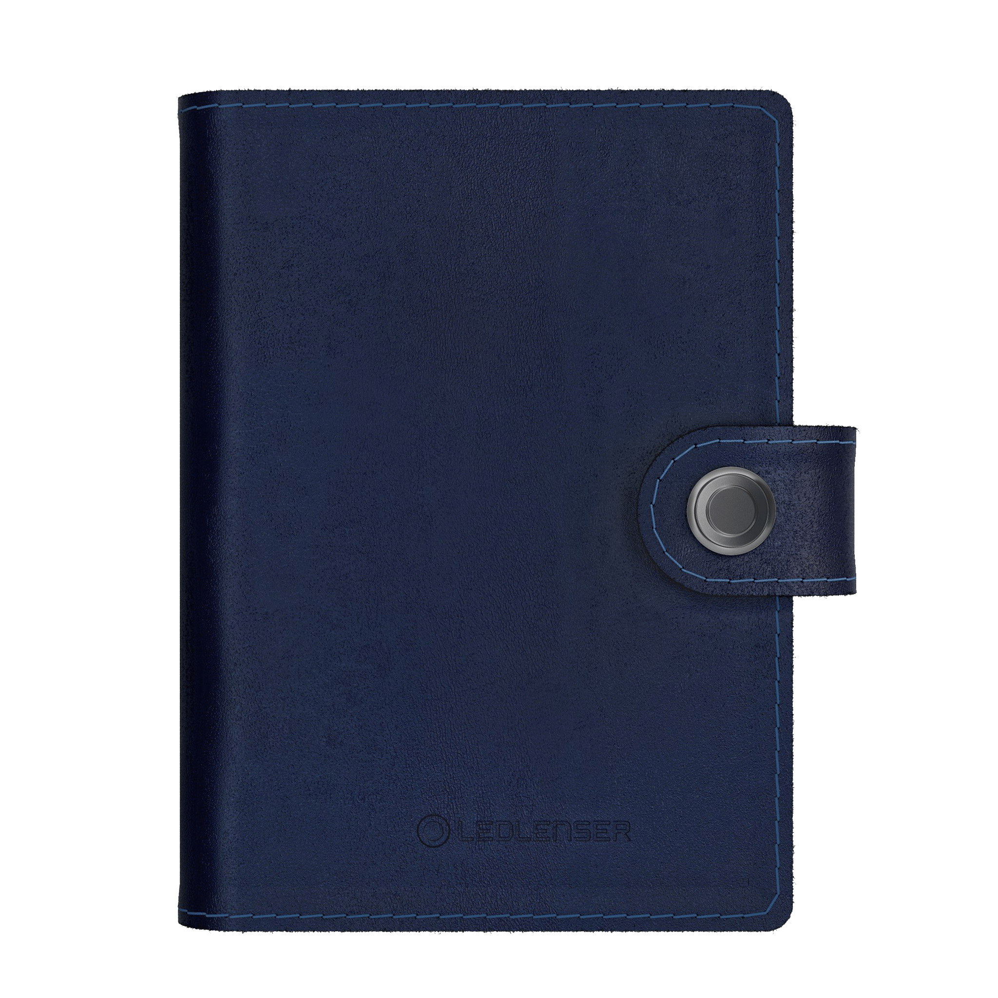 Lite Wallet® blue leather wallet with a magnetic snap strap closure front view showing Ledlenser branding