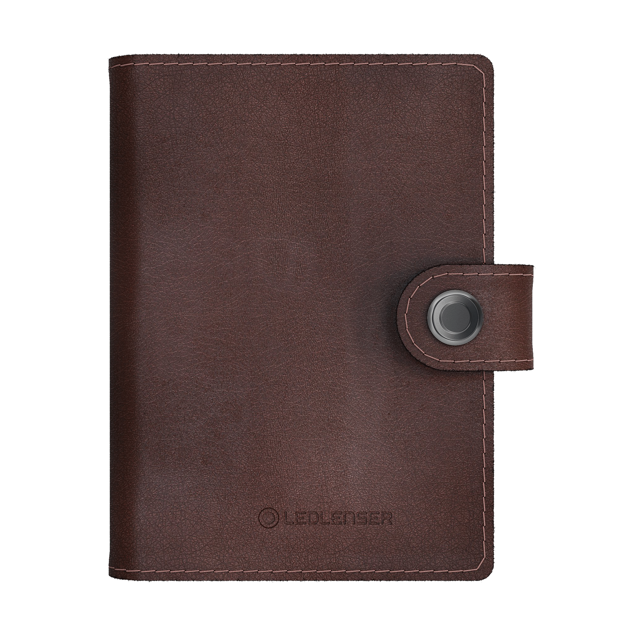Lite Wallet® leather wallet in brown with snap strap closure and metal snap button; Ledlenser branding visible