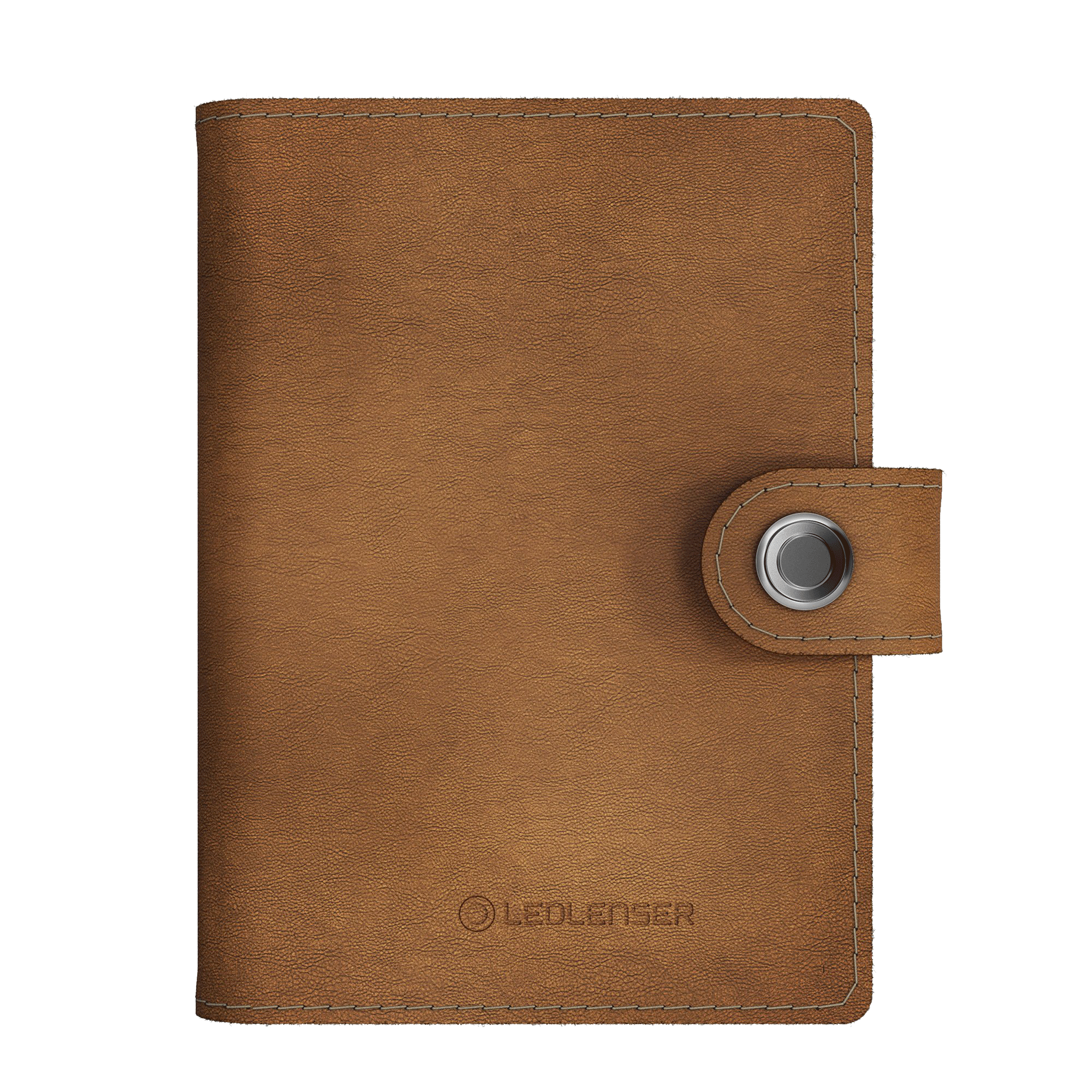 Lite Wallet by Ledlenser brown leather wallet with snap closure strap and embossed logo on front