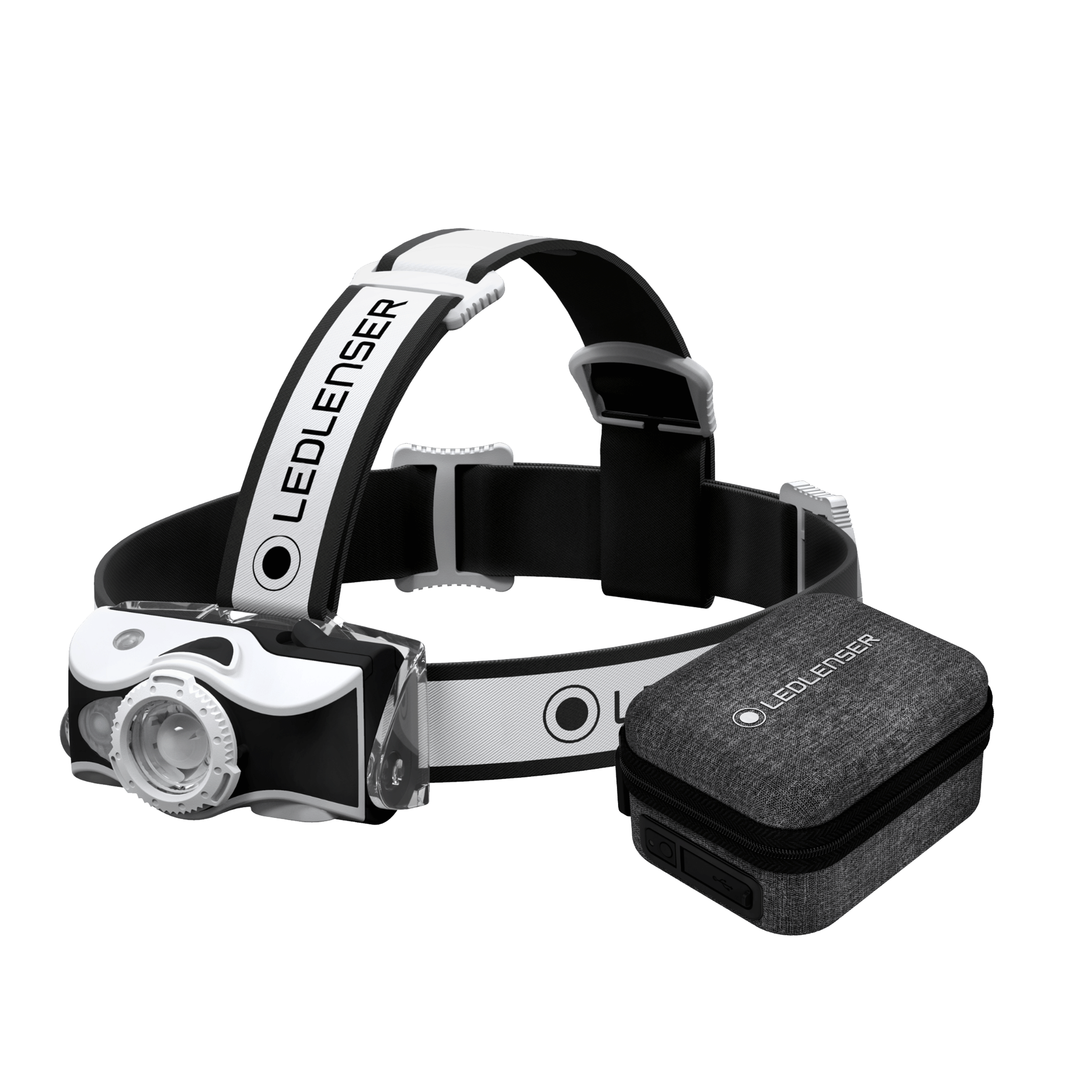 MH7 Powercase Combo Headlamp & Charging Case Ledlenser headlamp with adjustable strap and charging case shown from front