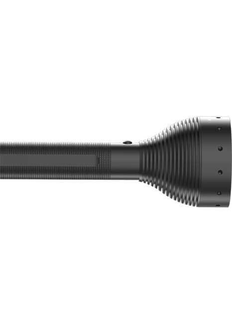 X21 2 Battery Operated Torch close up of black flashlight body and ribbed head with textured grip