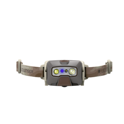 Ledlenser HF6R Signature Headlamp with grey body and brown strap front view showing dual LED modules and blue indicator light