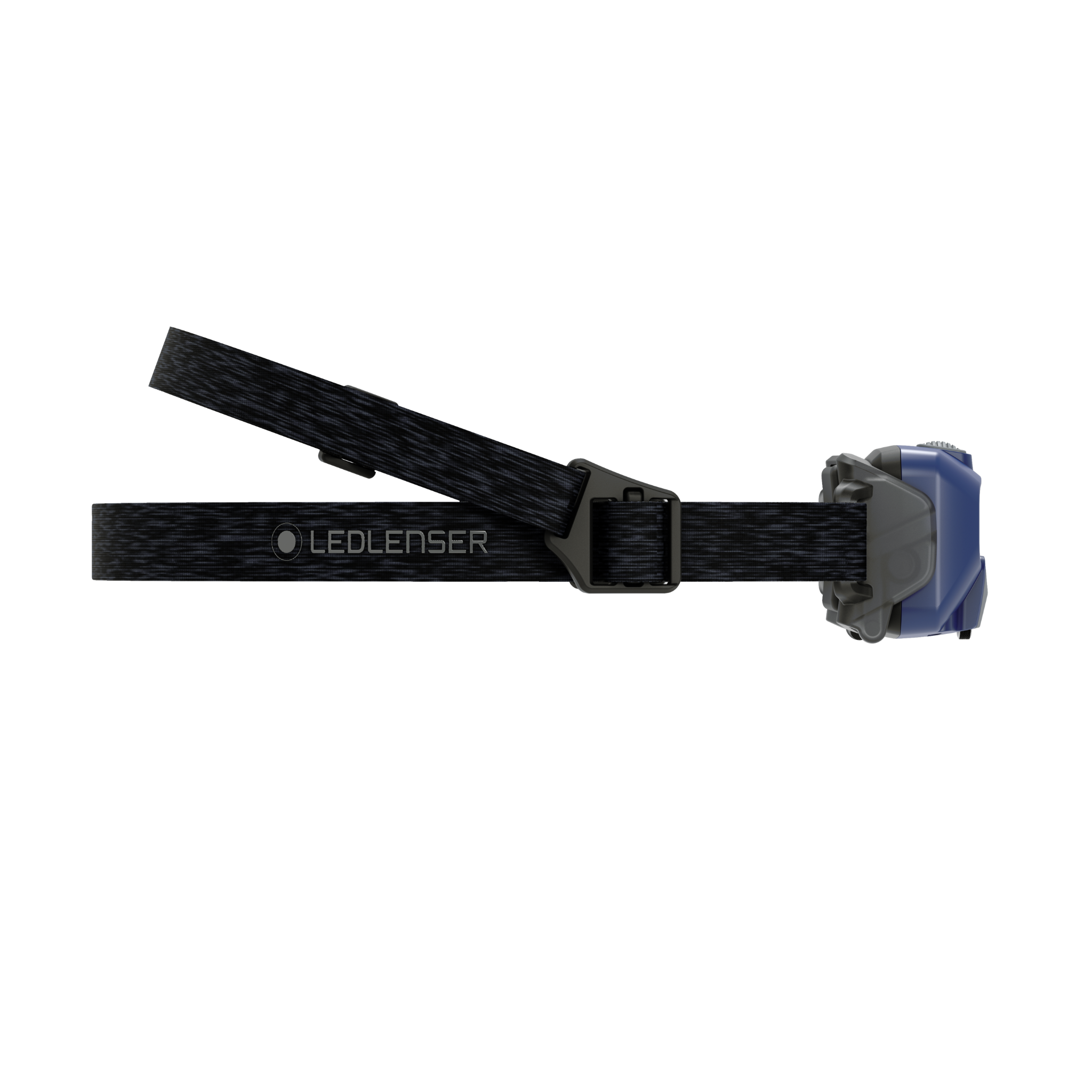 Ledlenser HF6R Core Headlamp with black adjustable headband and blue battery housing shown in side on view front facing logo visible