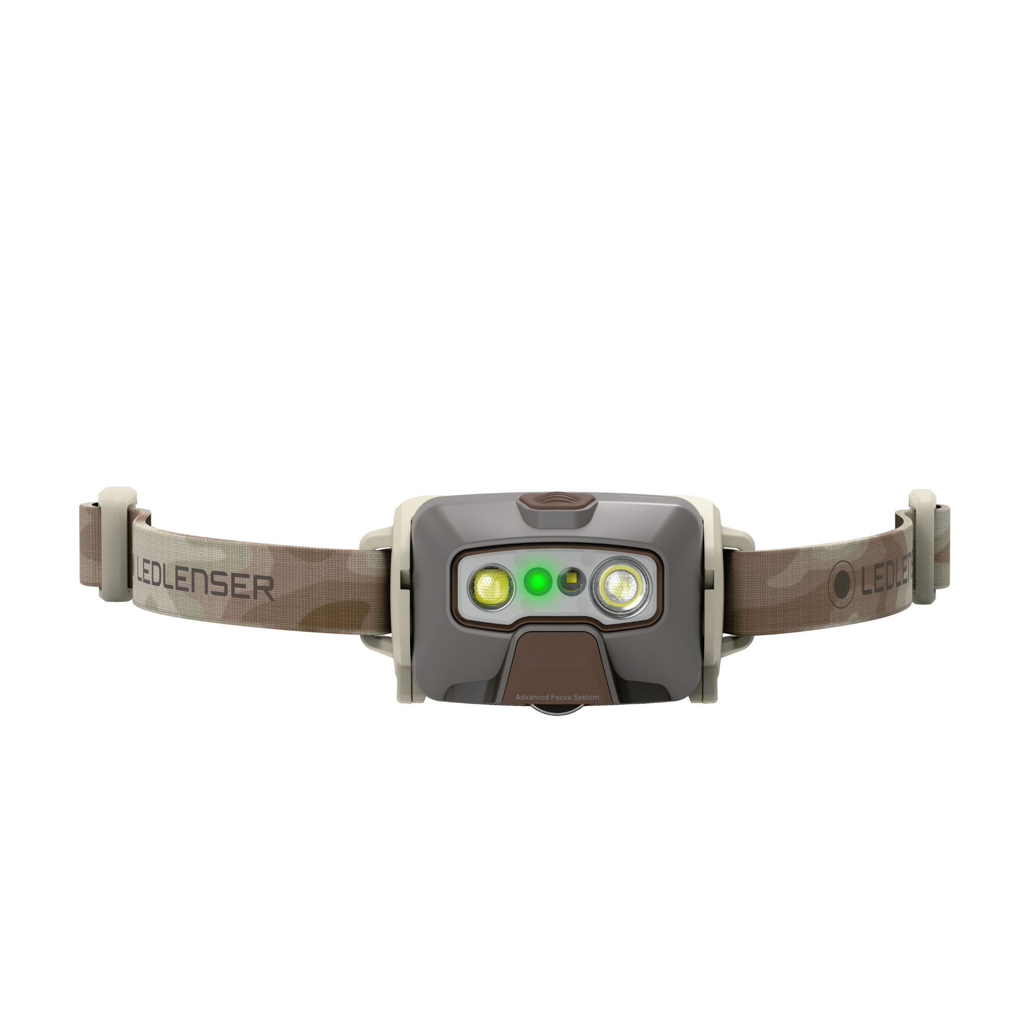 Ledlenser HF6R Signature Headlamp with brown camouflage headband front view showing dual LED optics and green indicator light