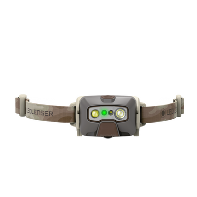 Ledlenser HF6R Signature Headlamp with brown camouflage headband front view showing dual LED optics and green indicator light
