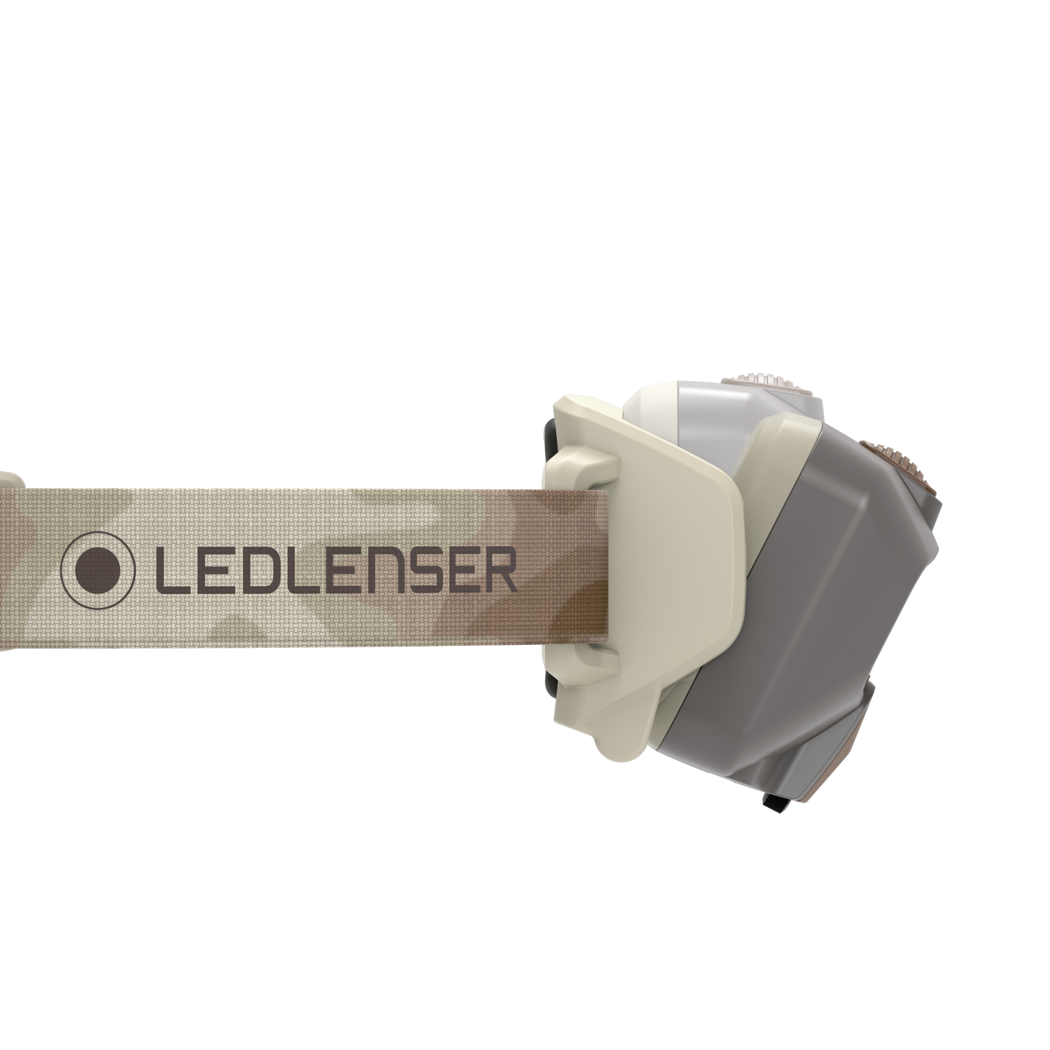 HF6R Signature Headlamp mounted on beige Ledlenser headband side view showing grey body and control dials