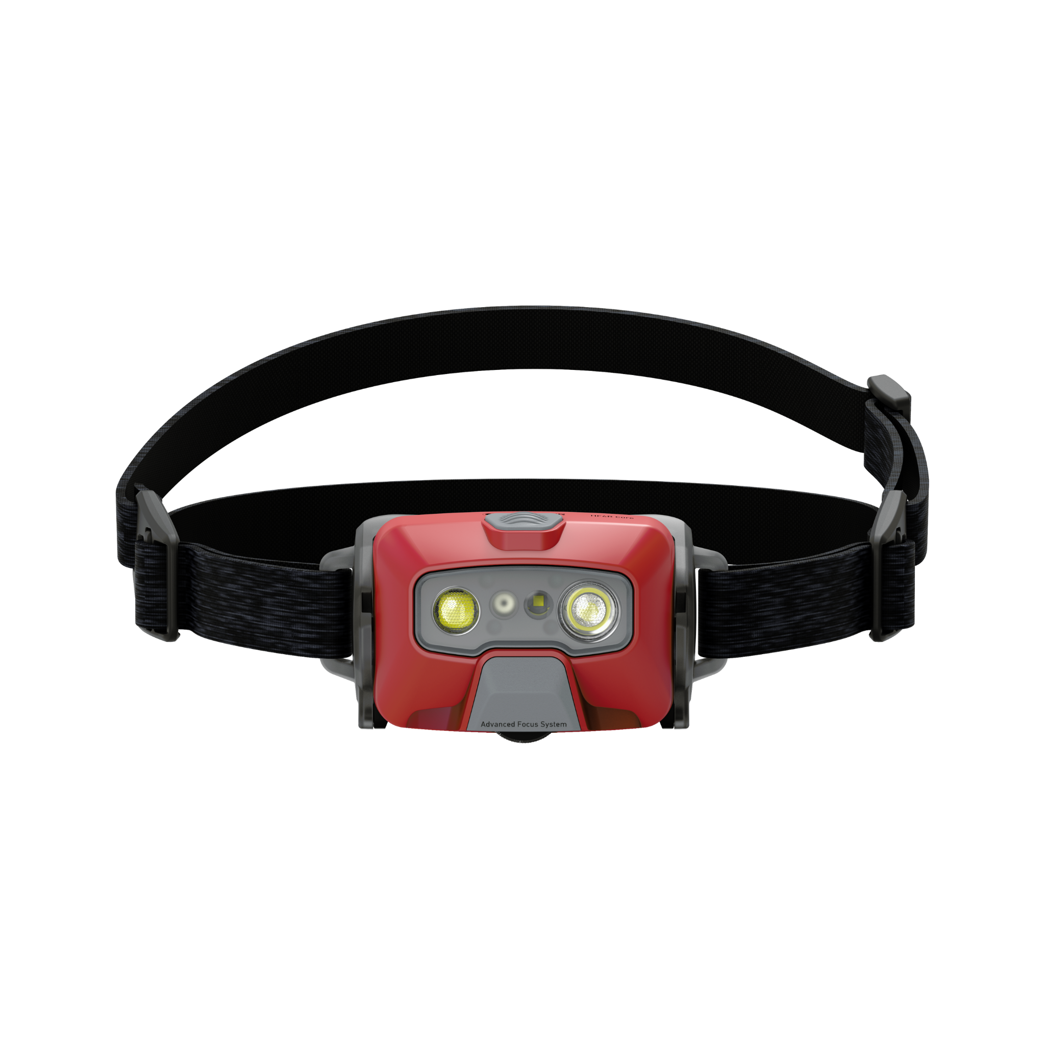 Ledlenser HF6R Core Headlamp with red housing dual front LEDs and central sensor mounted on adjustable black head strap