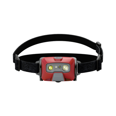 Ledlenser HF6R Core Headlamp with red housing dual front LEDs and central sensor mounted on adjustable black head strap